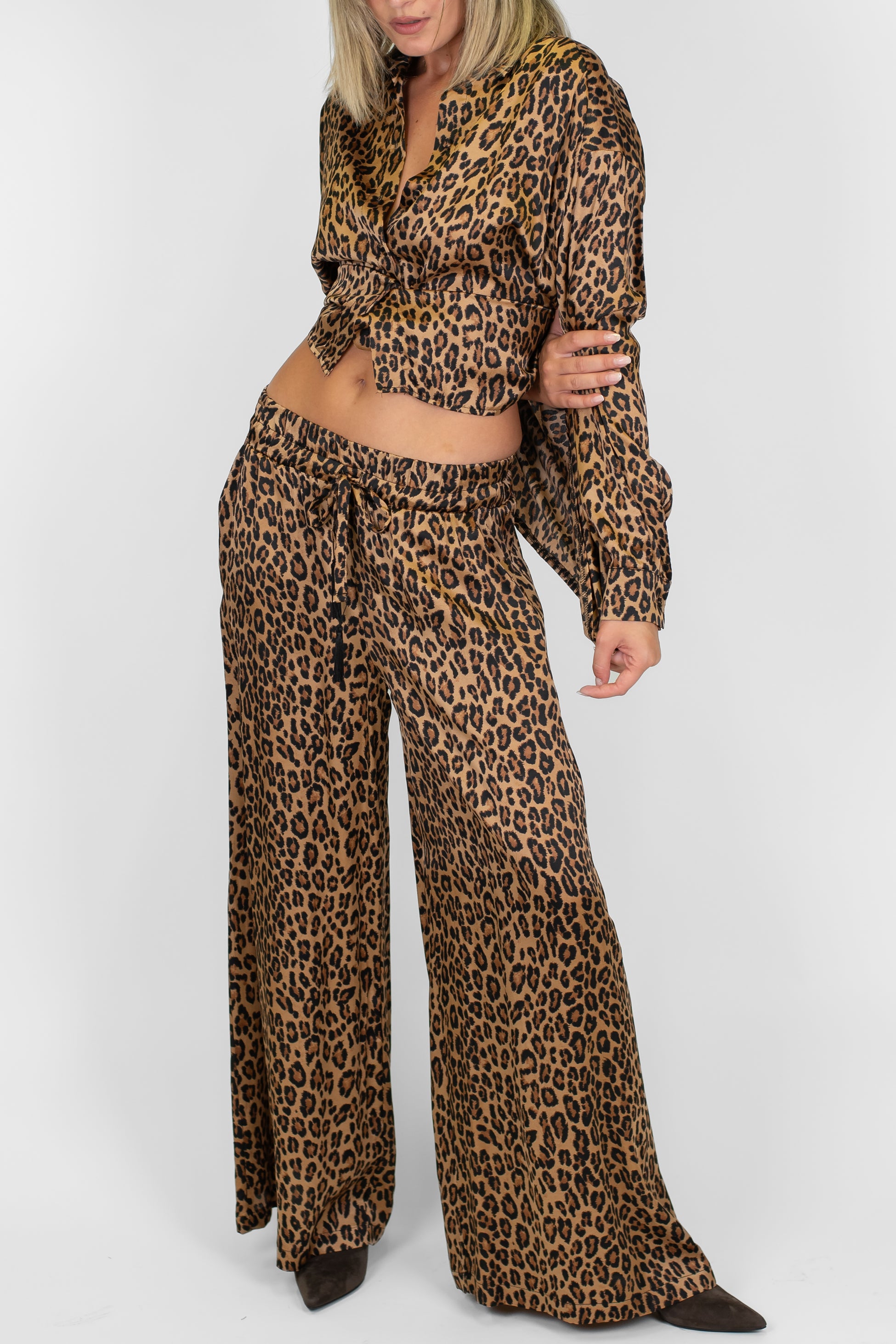 Motel - Pantalone palazzo fantasia animalier in viscosa con coulisse