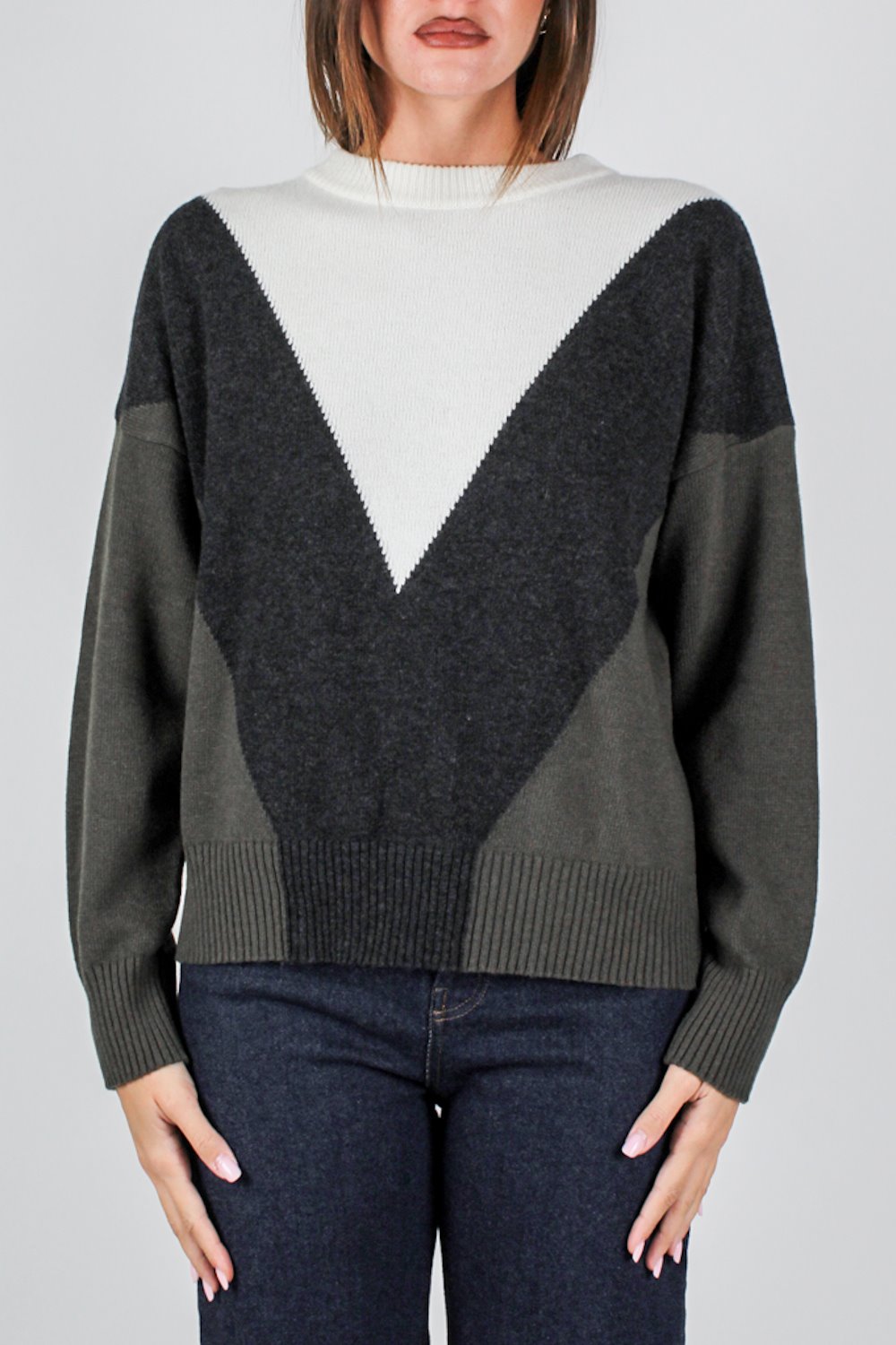 Maryley - Maglia girocollo fantasia rombi a contrasto in misto lana e cashmere