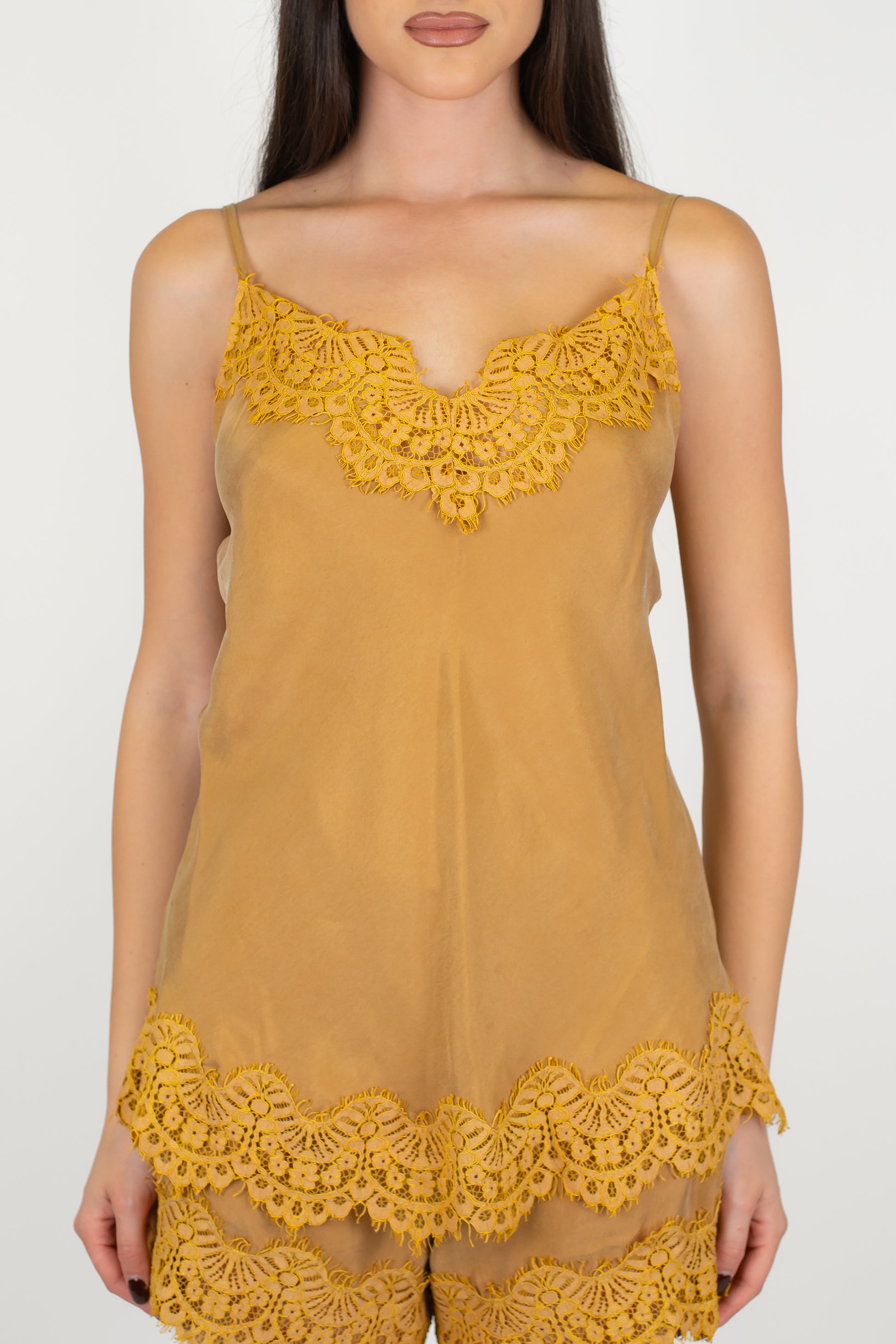 Tensione in - Top in cupro con dettagli in pizzo