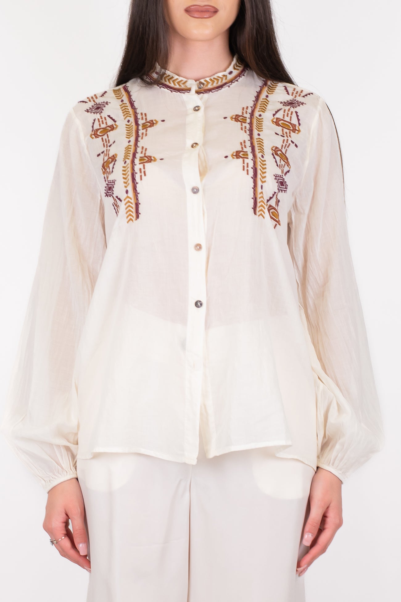 Souvenir - Camicia fantasia etnica ricamata in mussola di cotone con collo coreano