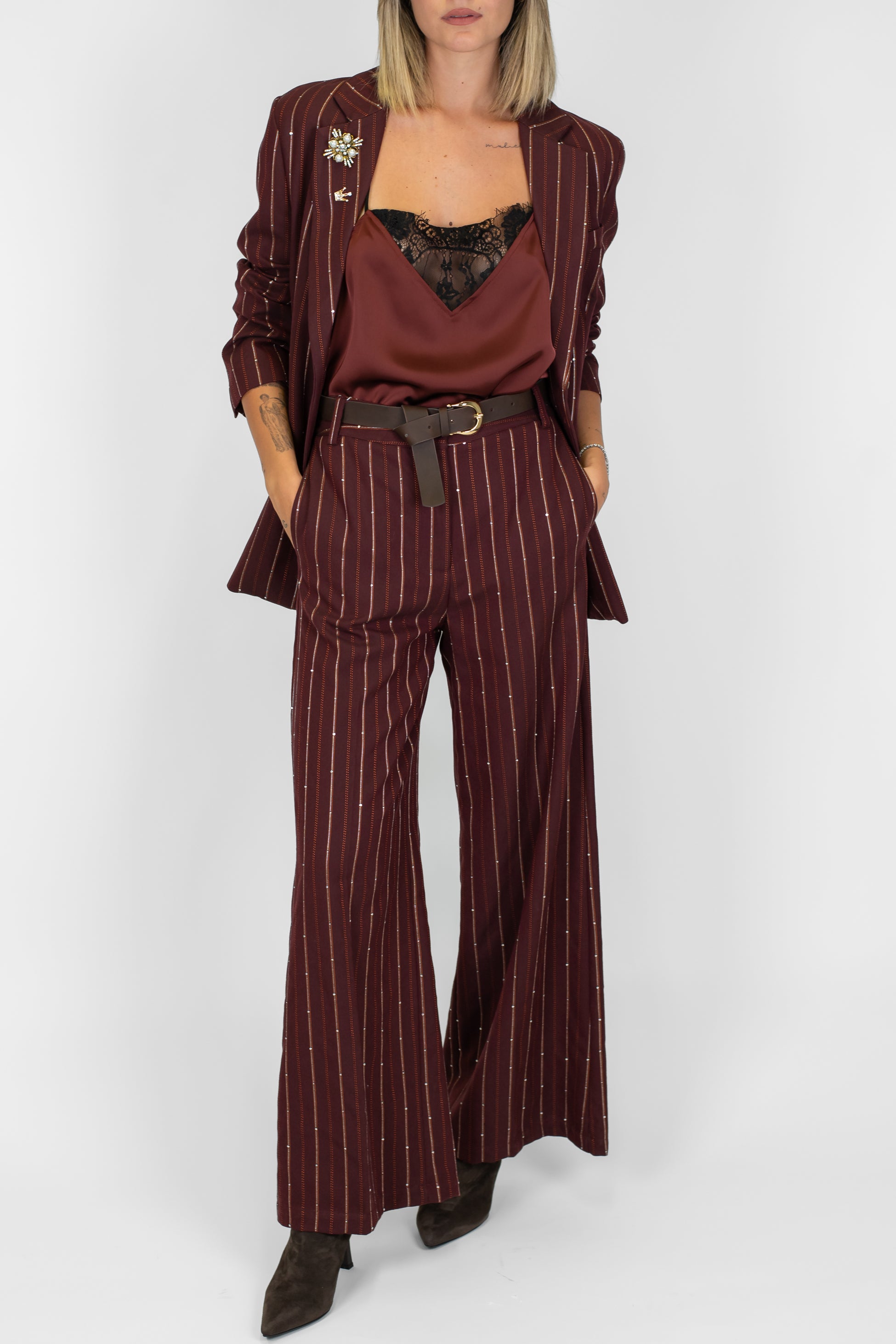 Motel - Pantalone palazzo gessato con paillettes