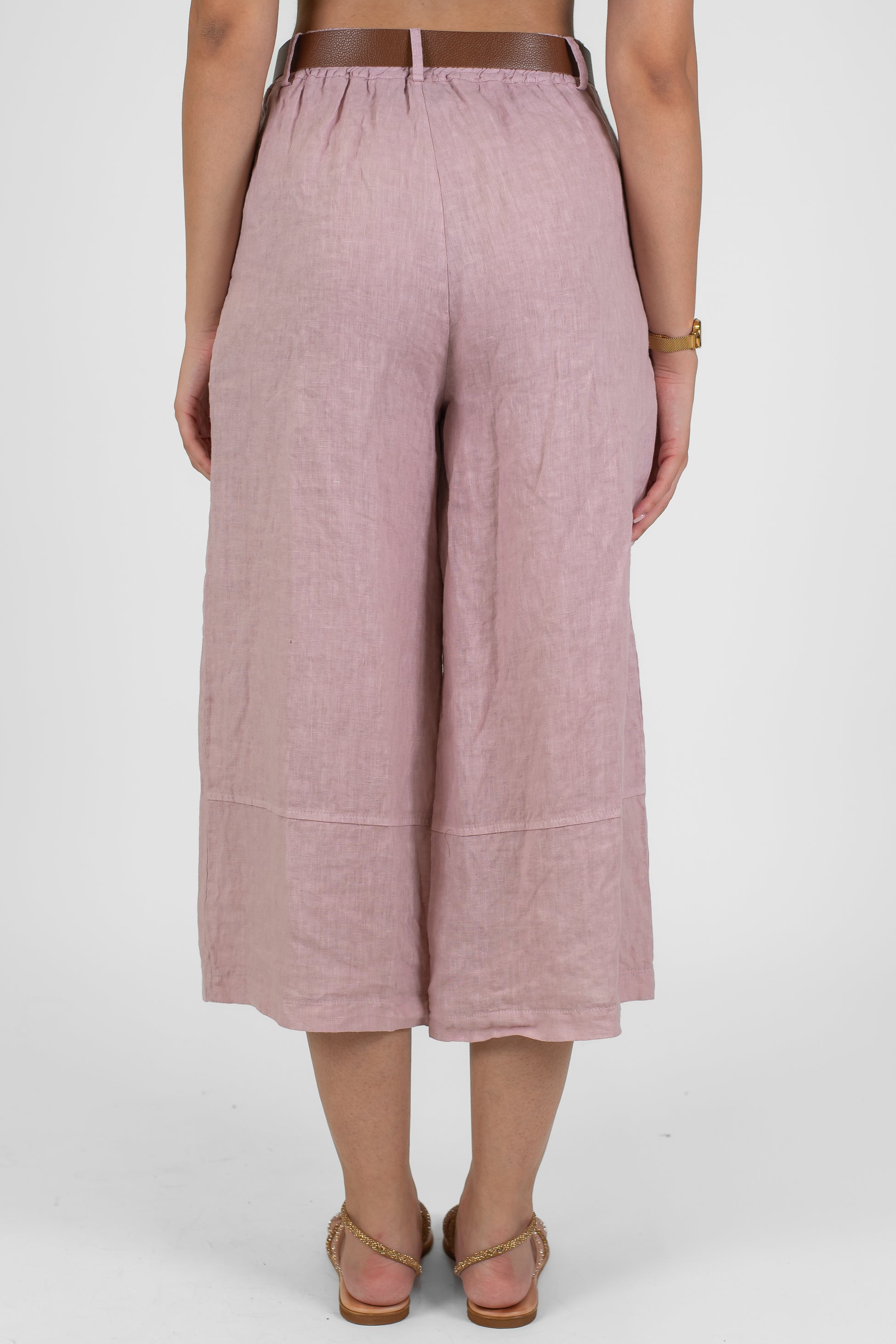 Haveone - Pantalone crop a gamba ampia in puro lino con elastico sul retro