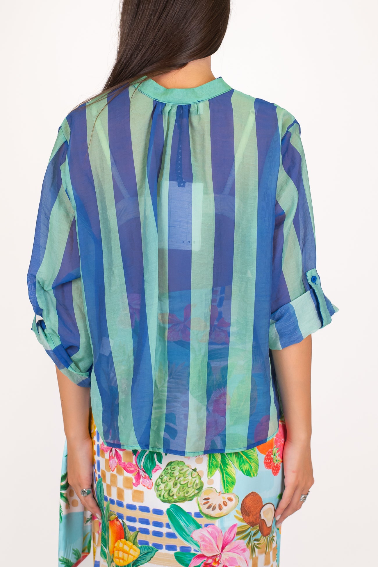 Haveone - Camicia fantasia a righe a contrasto in lyocell con manica tre quarti