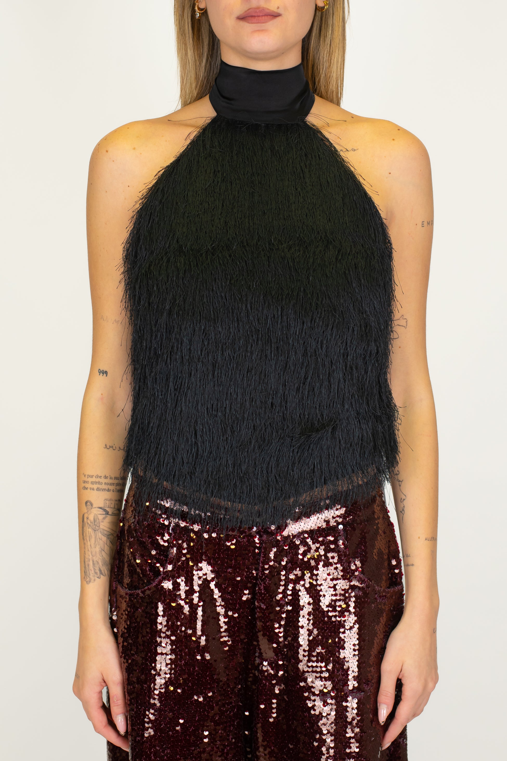 Dixie - Top scollo all'americana con frange e scollatura sul retro