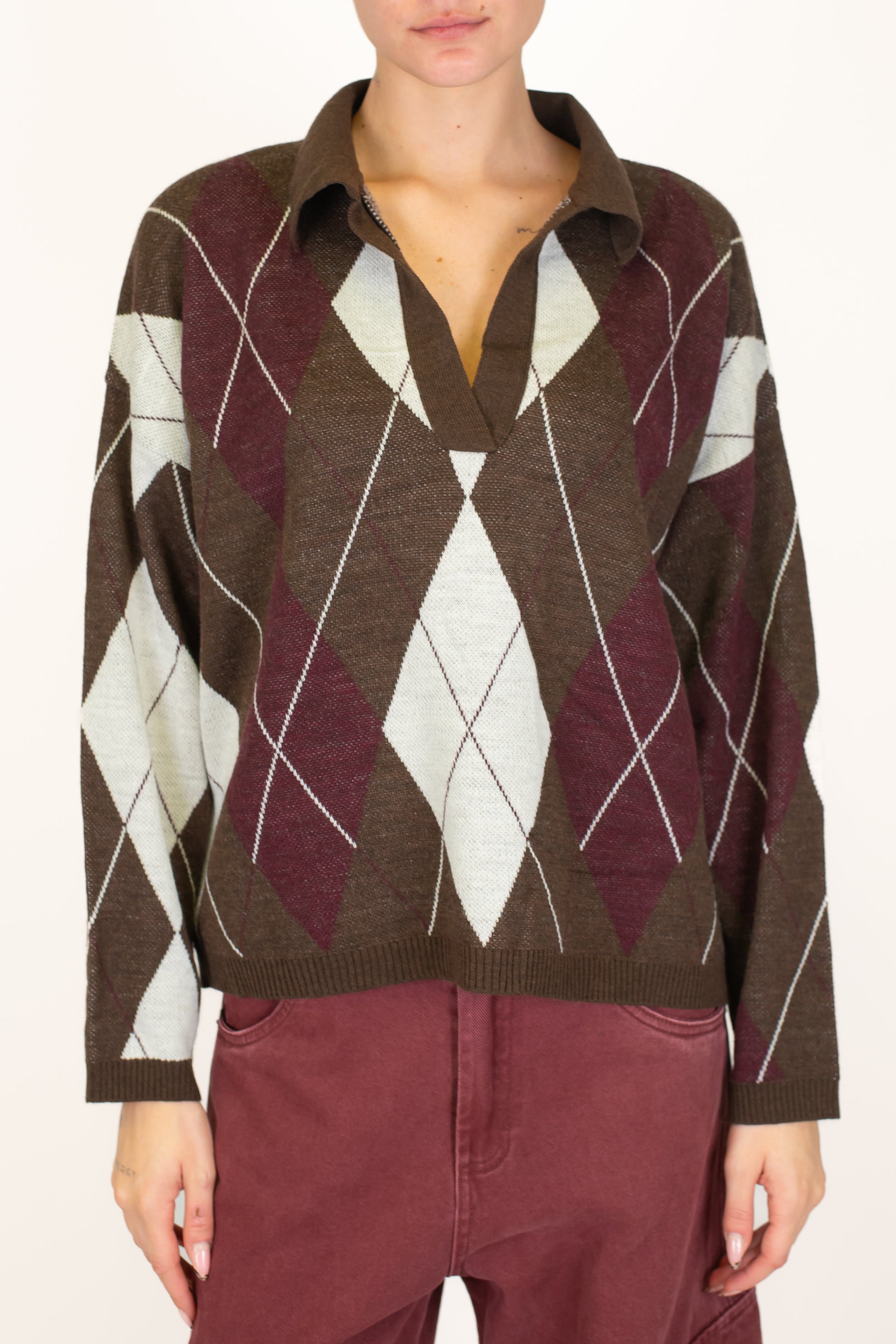 Motel - Polo in maglia fantasia rombi in misto lana