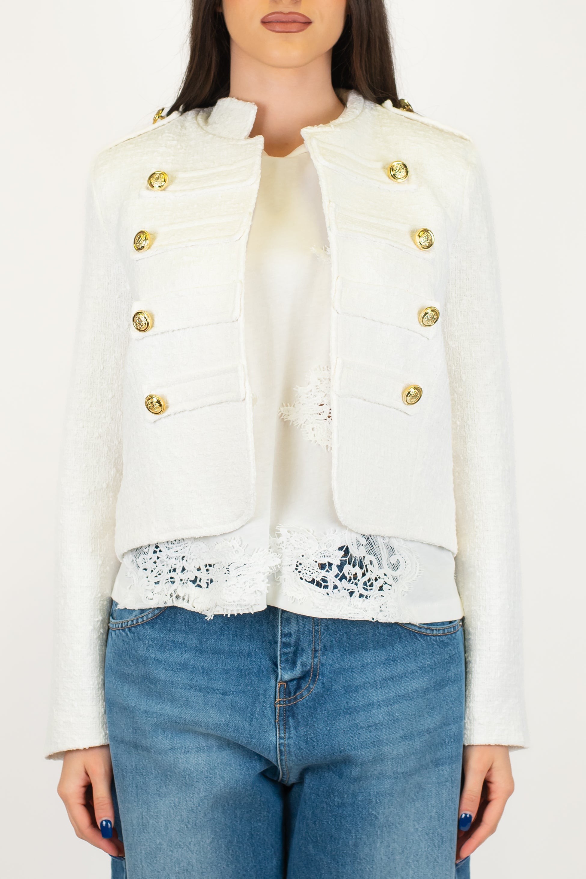 Motel - Giacca crop aperta in tweed modello napoleone con collo coreano