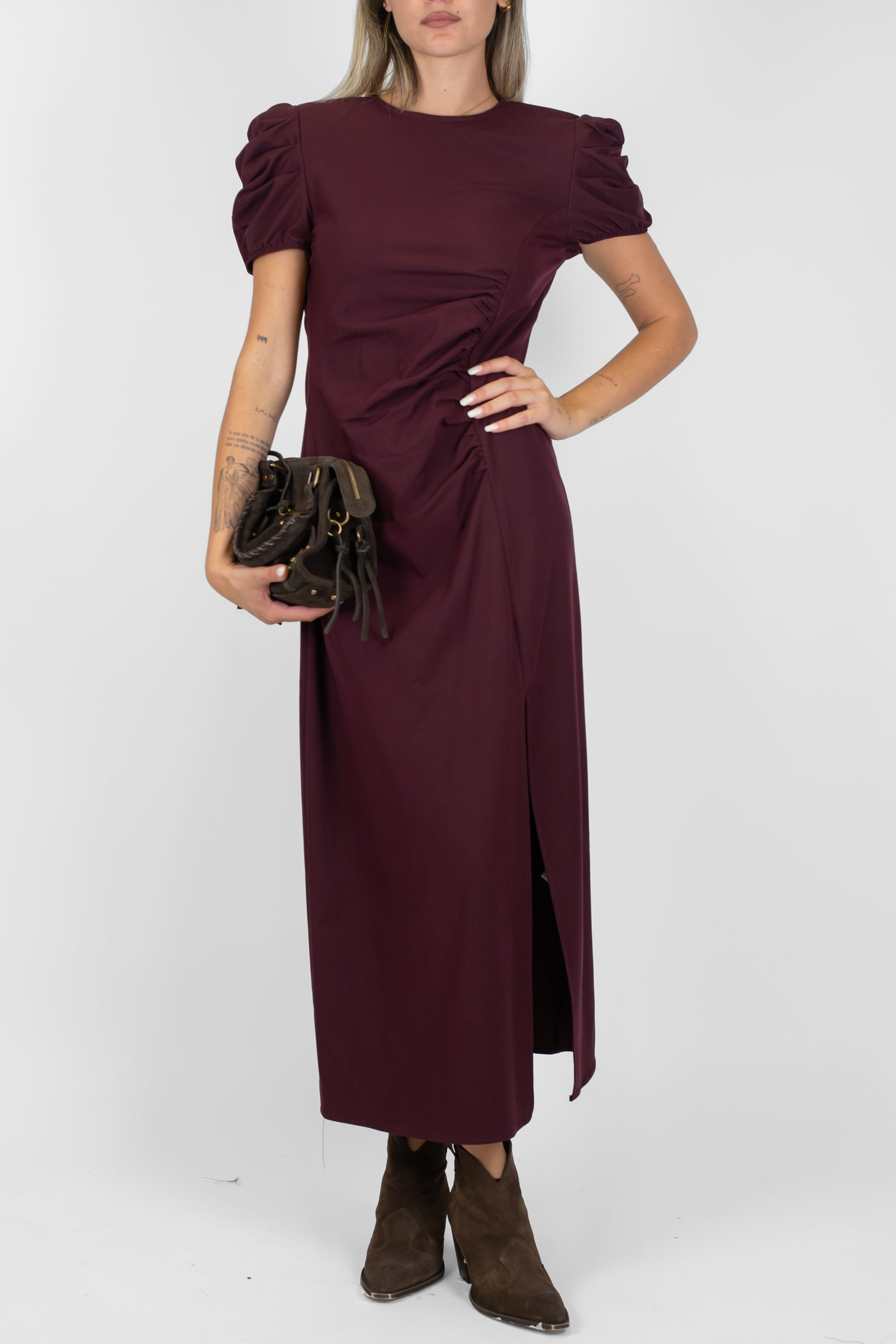 Maryley - Abito lungo in viscosa con drappeggio e manica a sbuffo