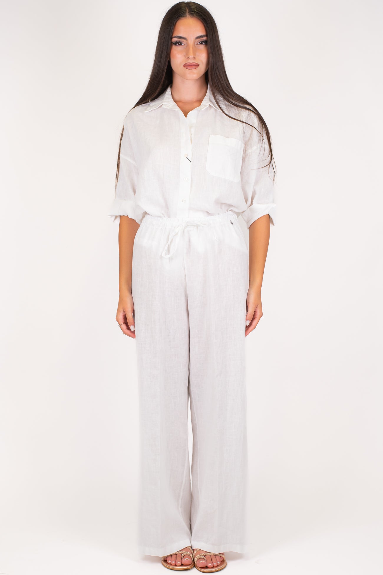 Dixie - Coordinato in puro lino camicia con taschino e pantalone palazzo con coulisse