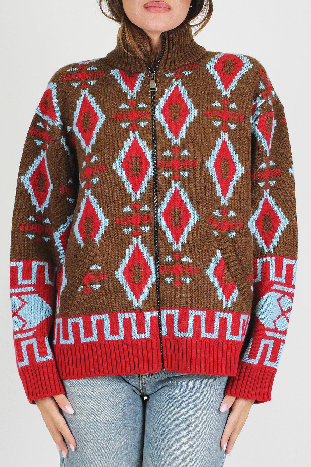 Tensione in - Cardigan fantasia etnica in misto lana con collo alto e chiusurza zip