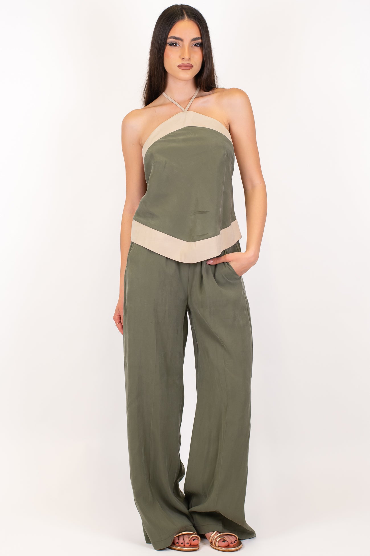 Maryley - Coordinato top scollo americano con profilo a contrasto e pantalone palazzo con elastico in vita