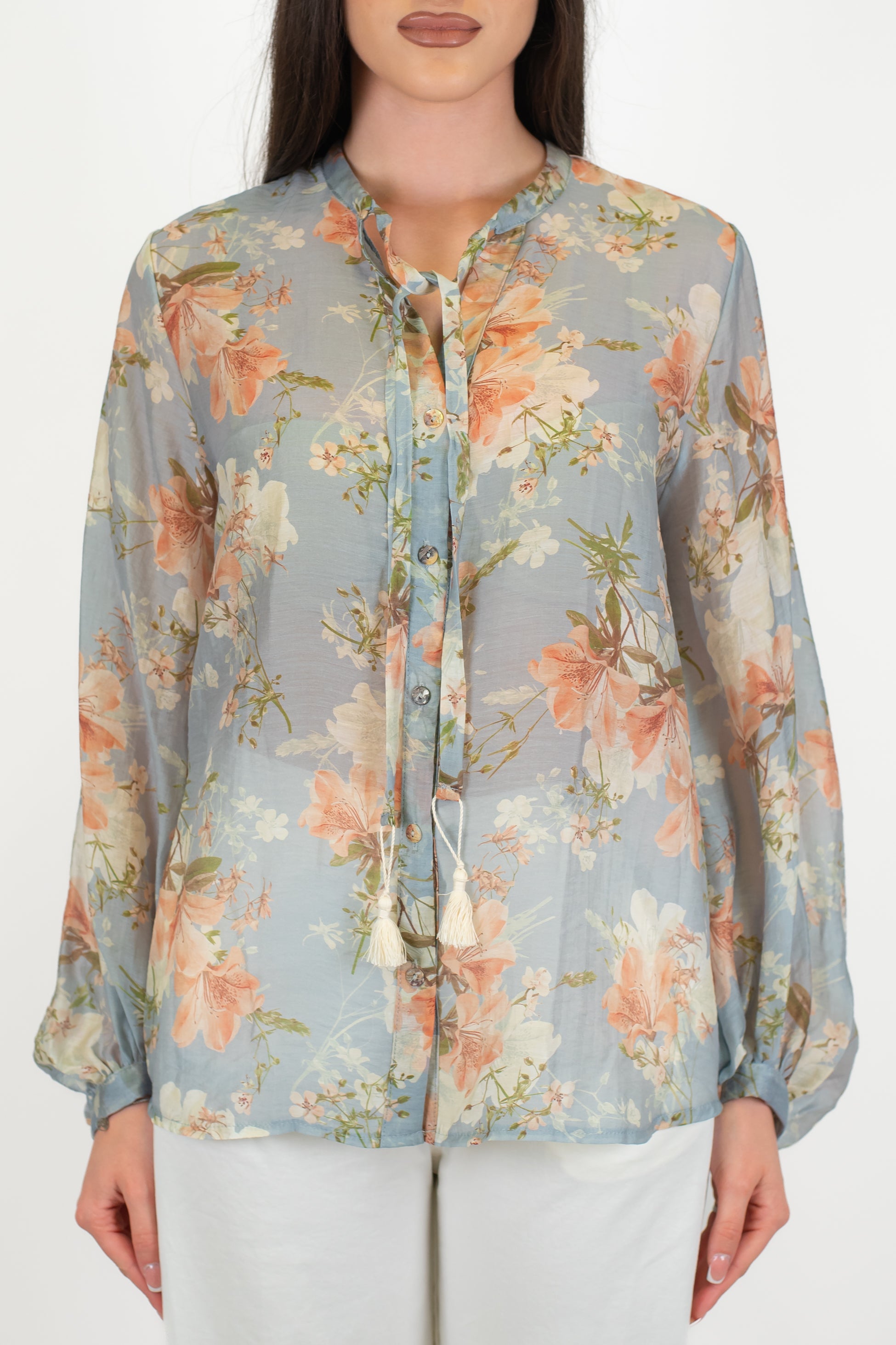 Tensione in - Camicia fantasia floreale in mussola di cotone con collo coreano e laccio