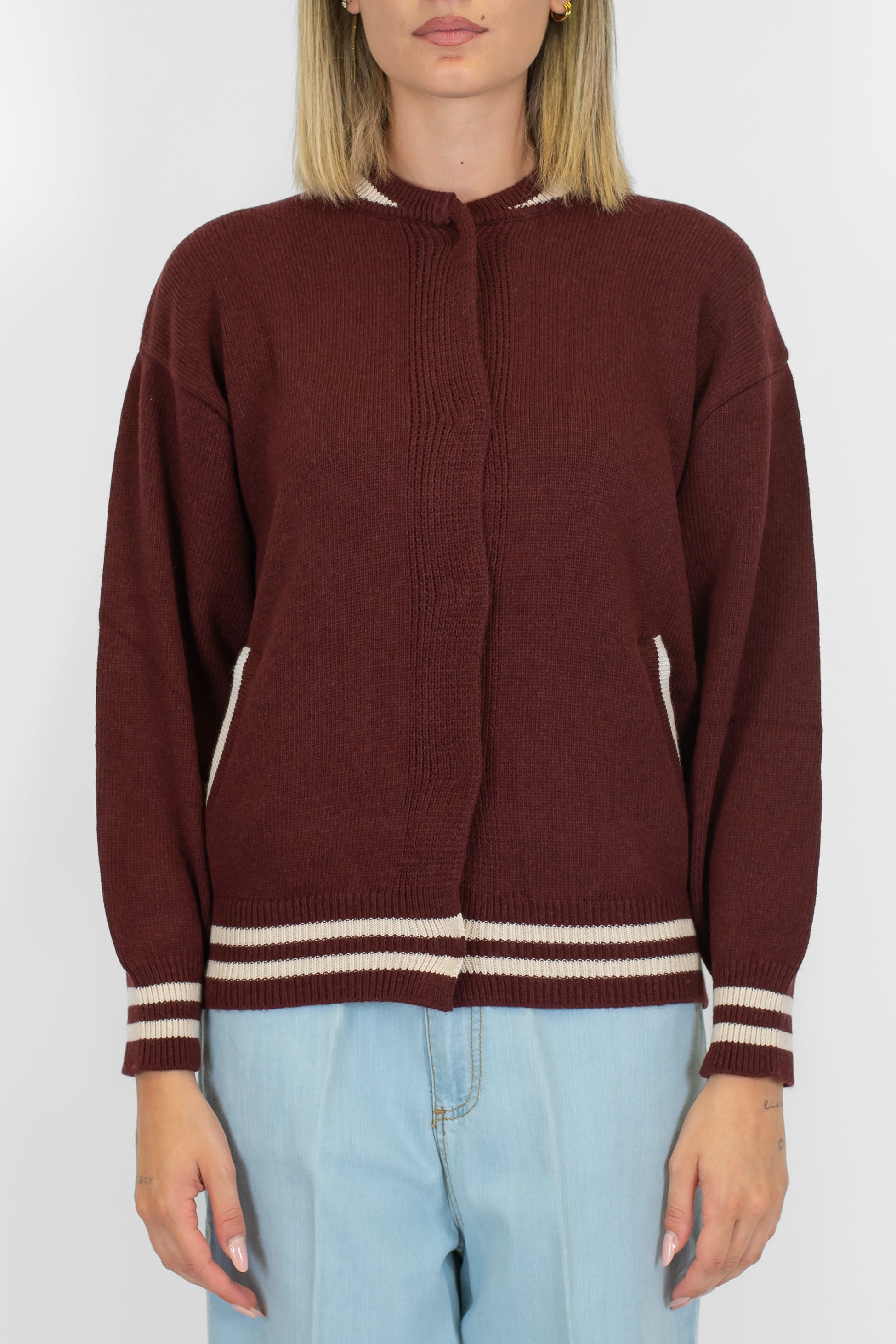 Kontatto - Bomber in maglia misto lana e cashmere con profili a contrasto e chiusura con bottoni