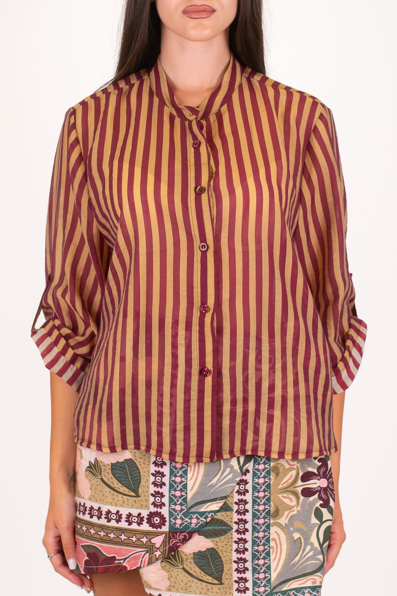 Haveone - Camicia a righe strette in lyocell con collo coreano e pinces sul retro