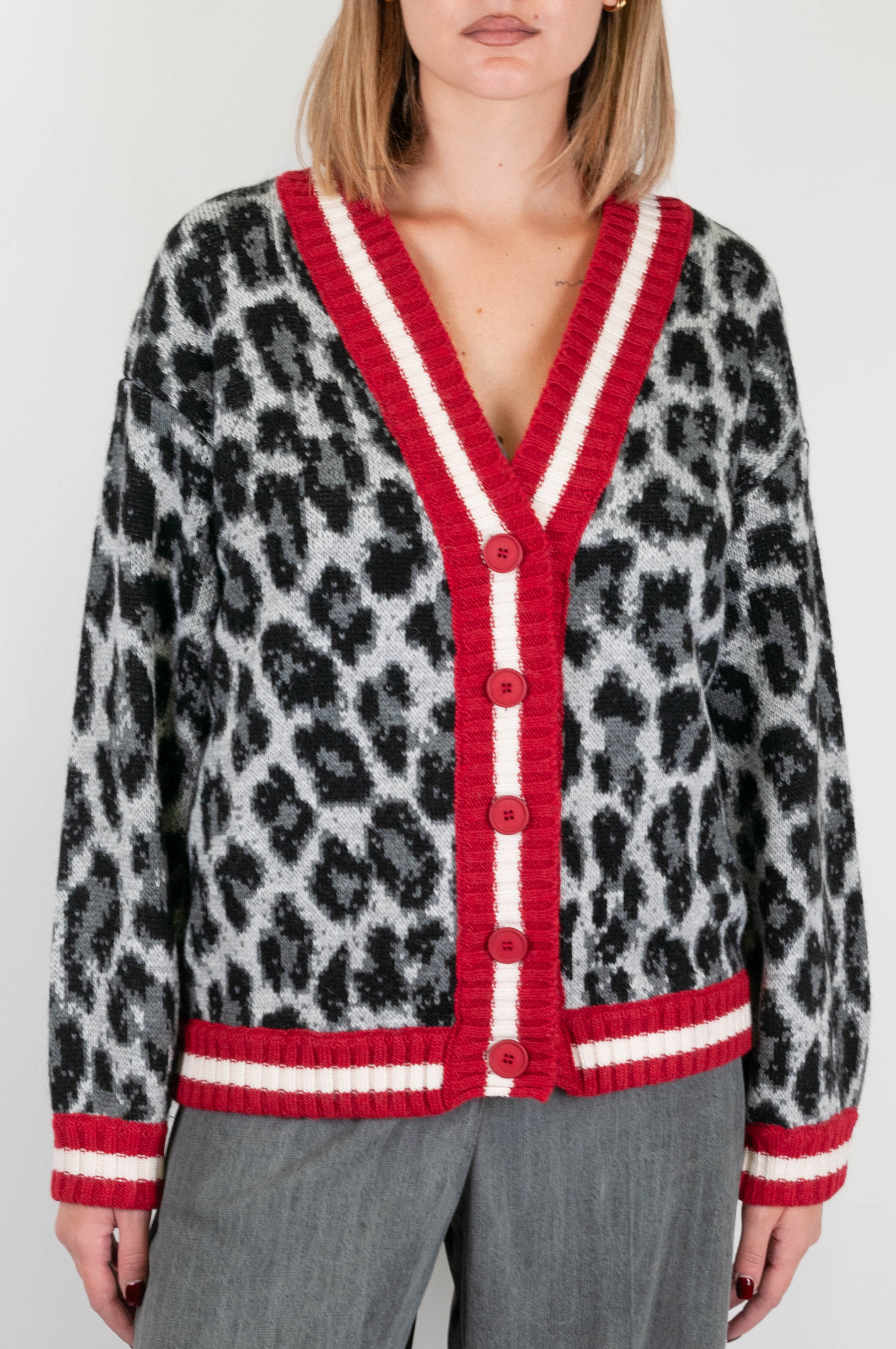 Tensione in - Cardigan fantasia animalier in misto lana con profili a contrasto