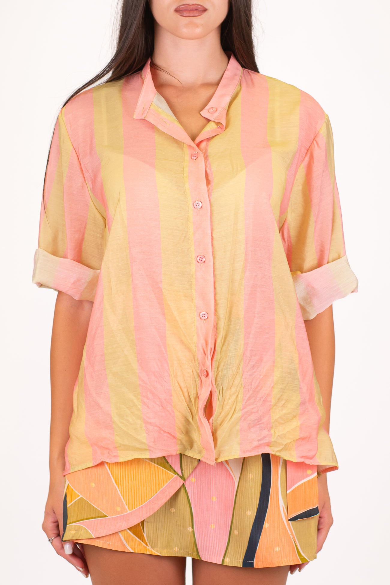 Dixie - Camicia fantasia a righe in viscosa leggera con collo coreano e manica