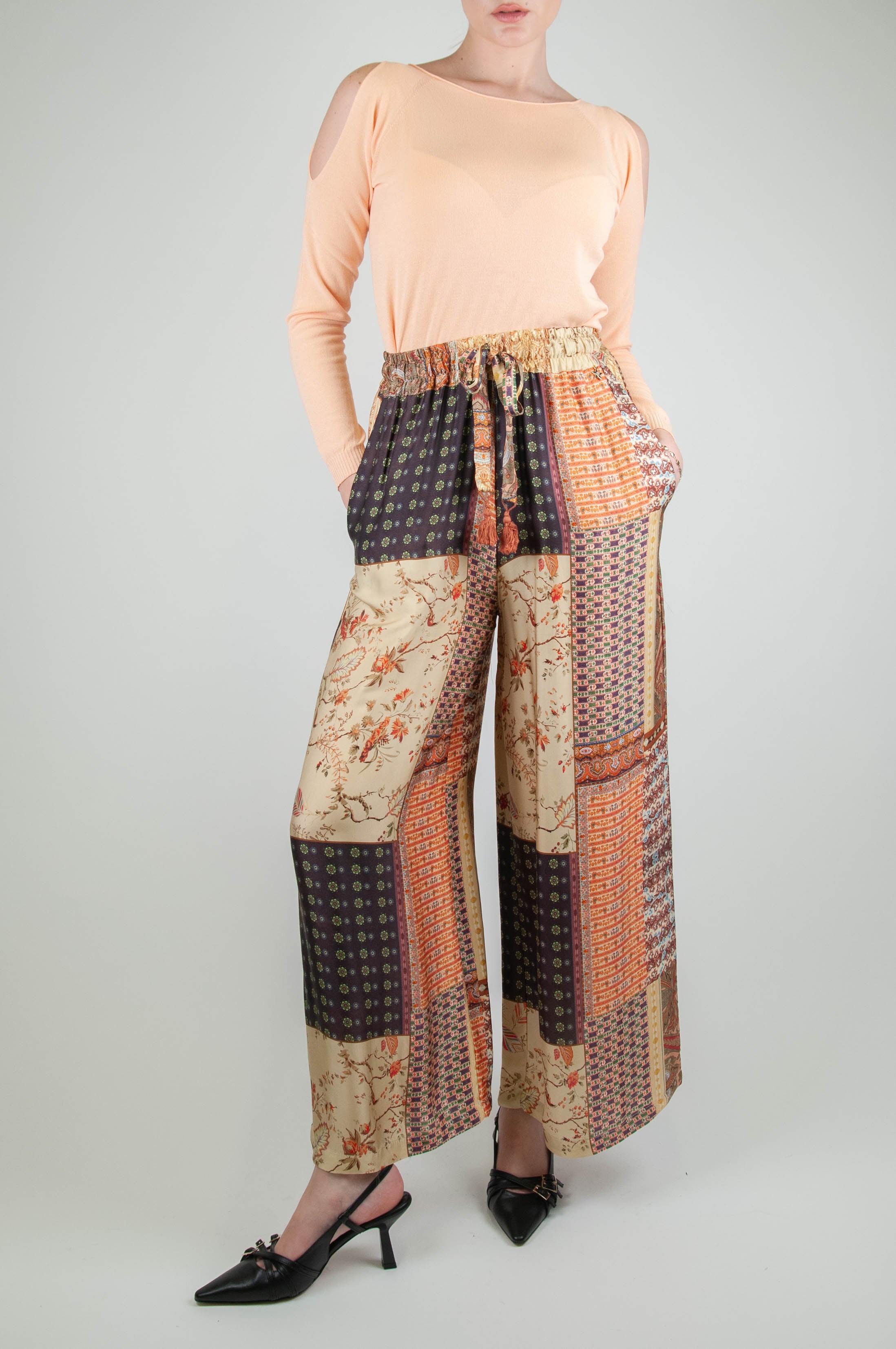 Souvenir - Palazzo trousers in viscose with elasticated waist and multicolored patterned drawstring