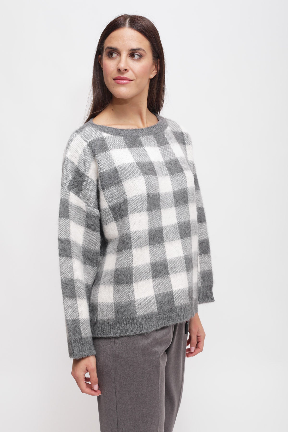 Maryley - Maglia girocollo over fantasia quadri in misto lana