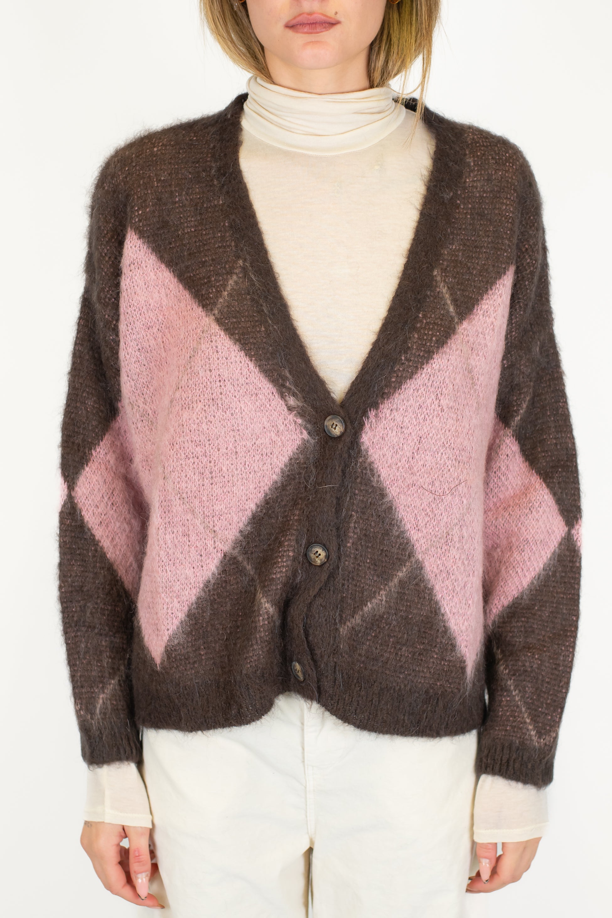 Dixie - Cardigan over fantasia rombi a contrasto in lana mohair