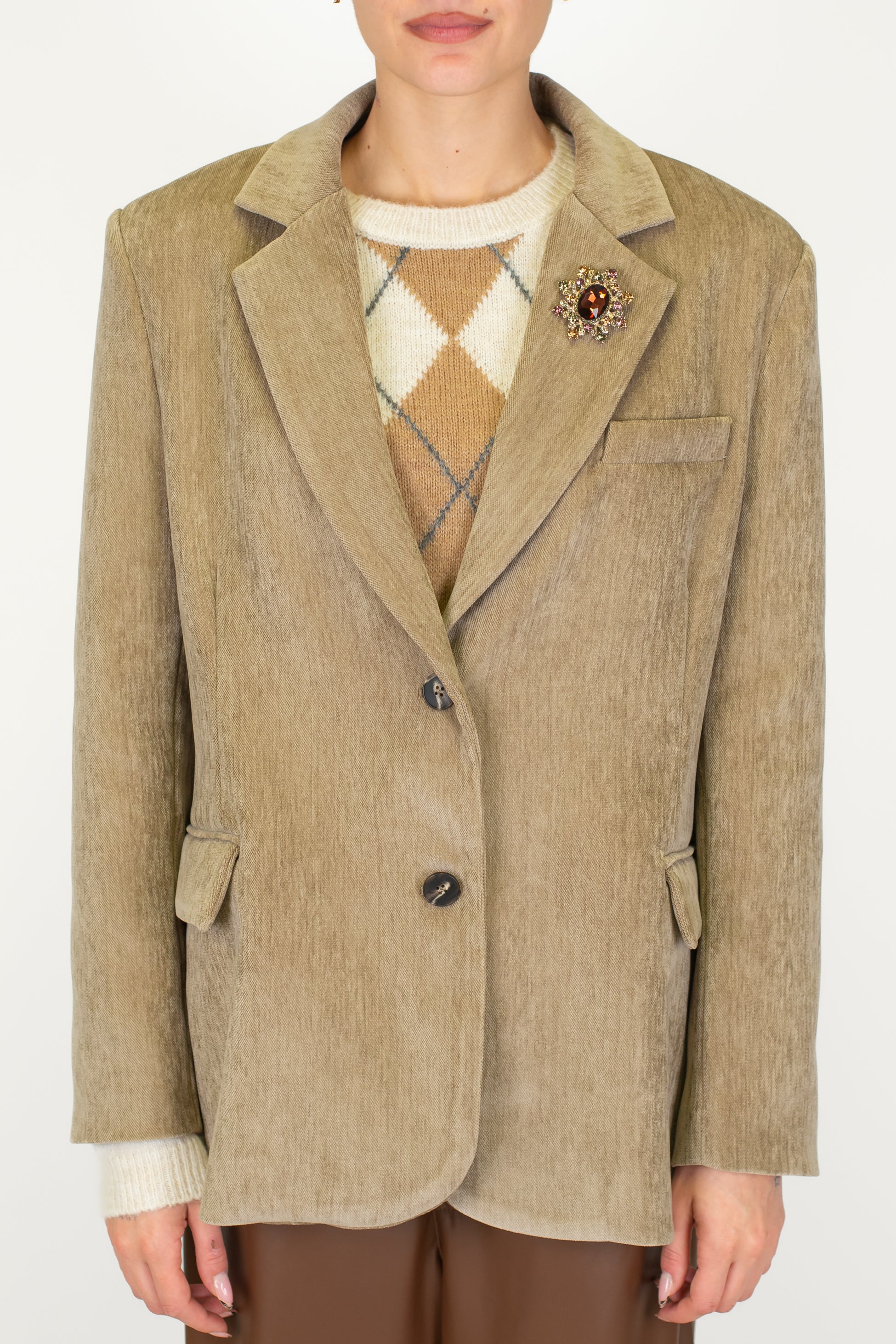 Motel - Giacca monopetto in velluto liscio con spilla