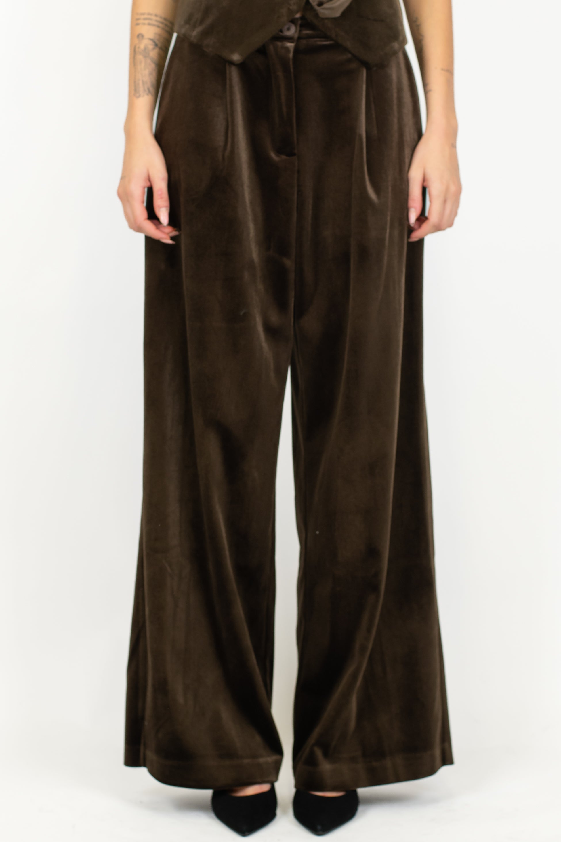 Dixie - Pantalone palazzo in velluto con pinces ed elastico sul retro