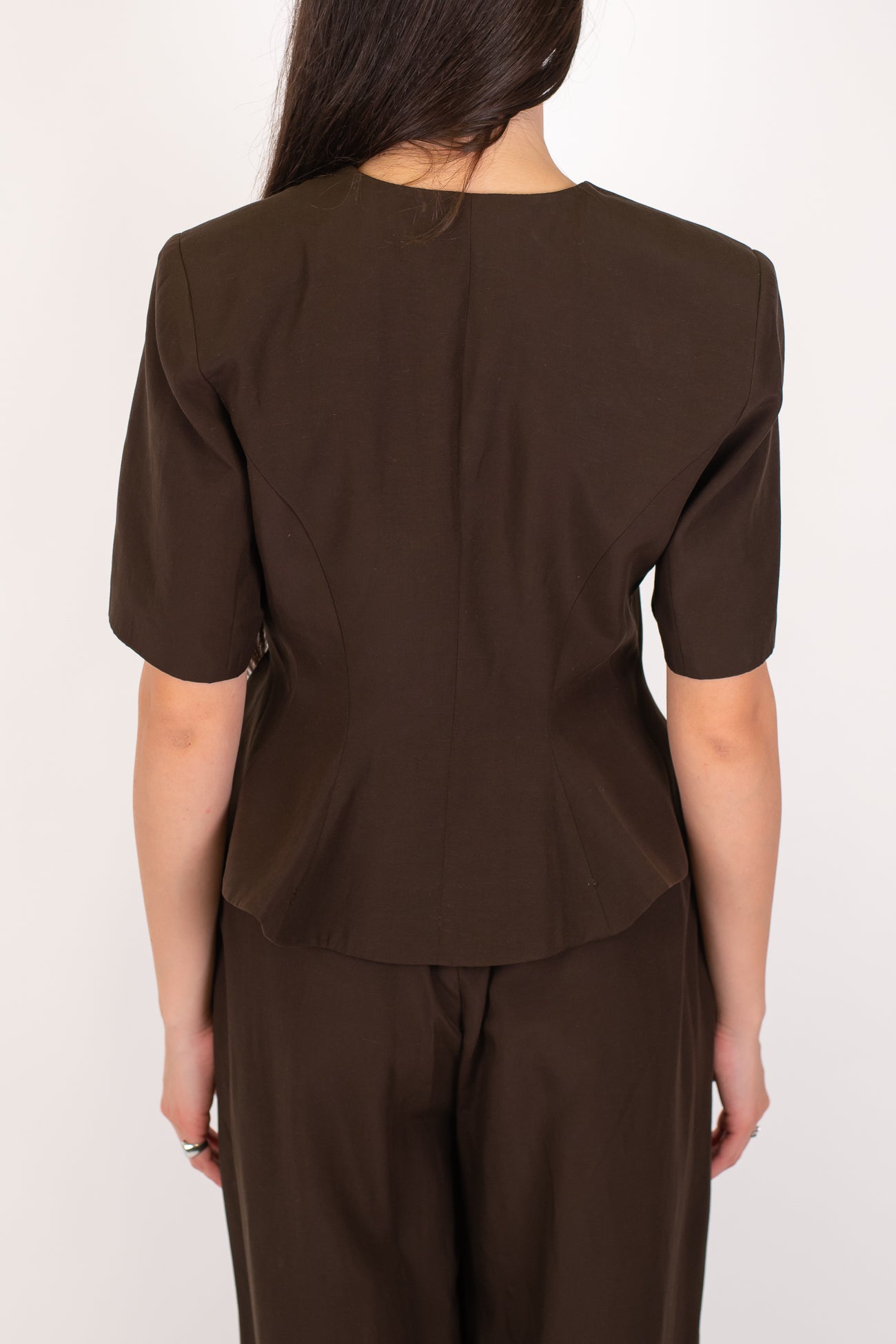 Motel - Coordinato in tencel con giacca girocollo mezzamanica e pantalone palazzo con elastico sul retro