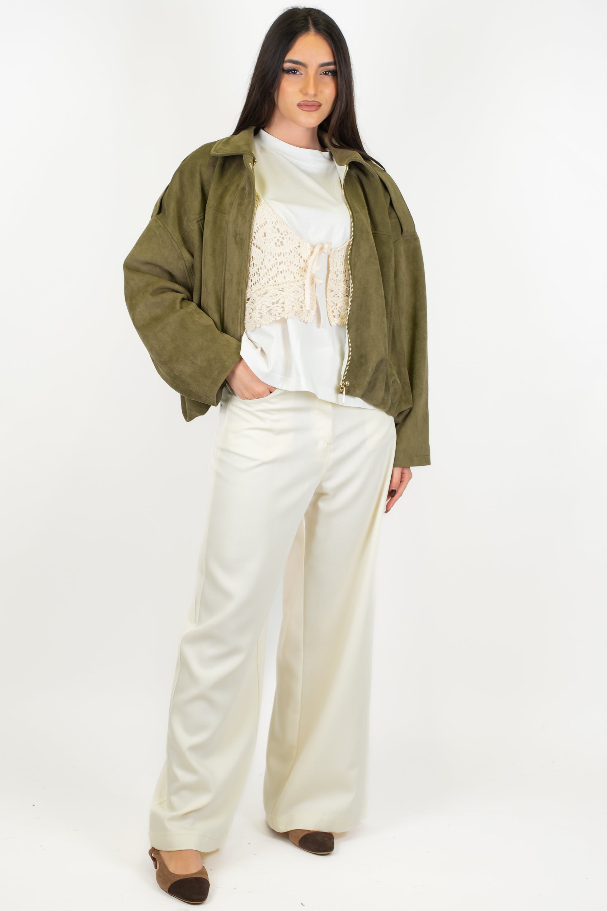 Tensione in -  Bomber over in dainetto con chiusura a scomparsa ed elastico sul fondo