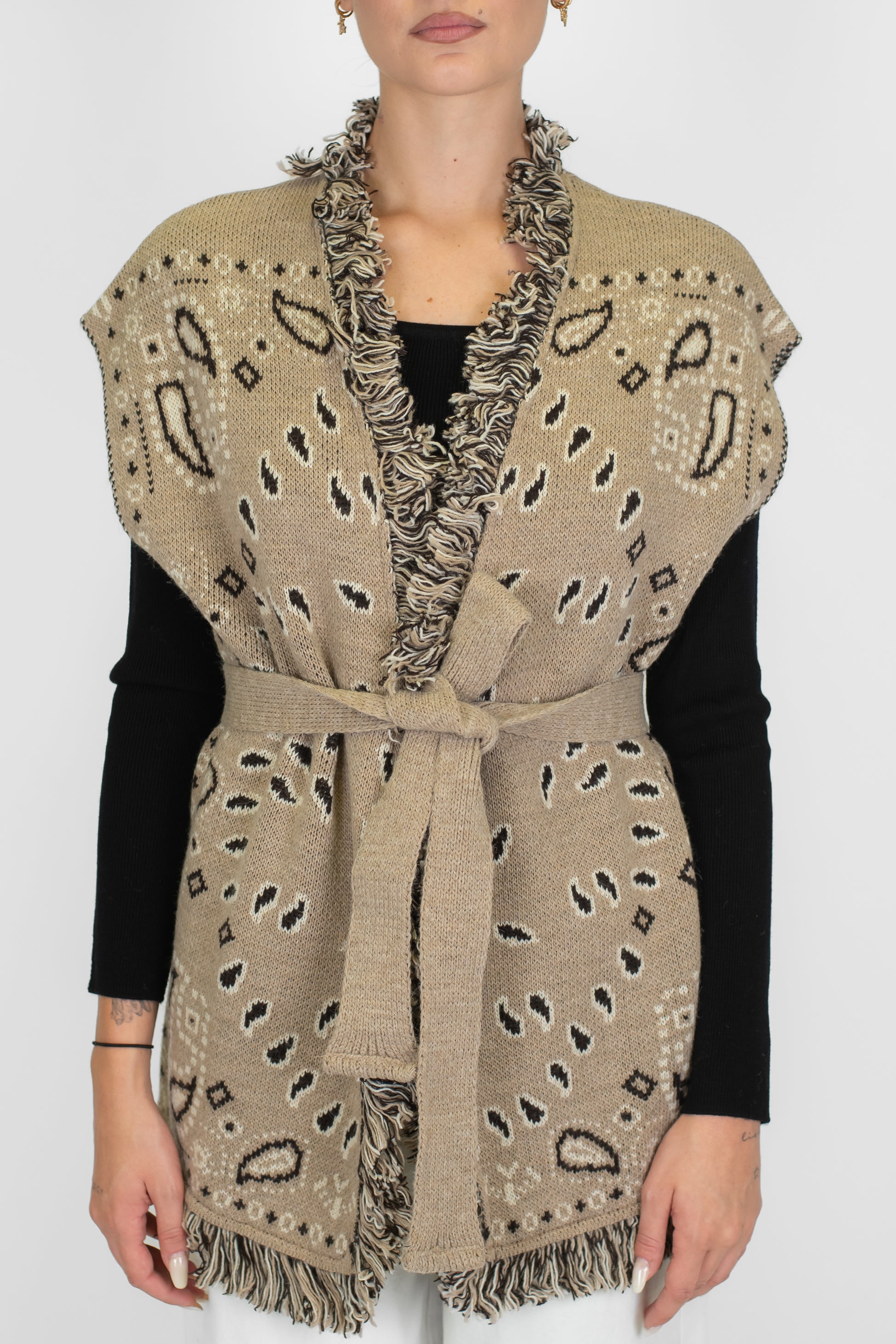 Tensione in - Cardigan giromaniche fantasia in misto lana con frange e cintura in tessuto