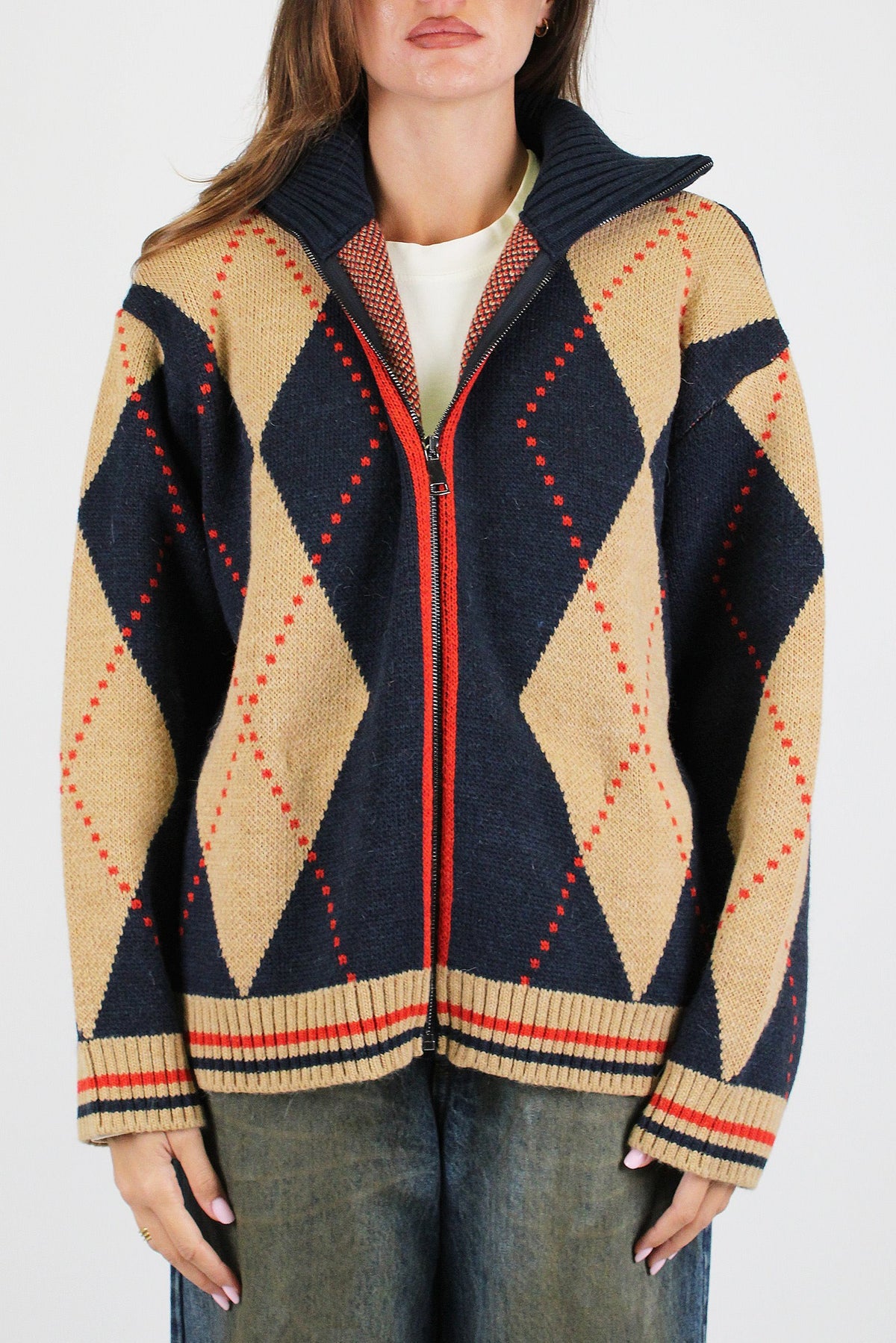 Motel - Cardigan fantasia rombi in misto lana con chiusura zip e profilo a contrasto