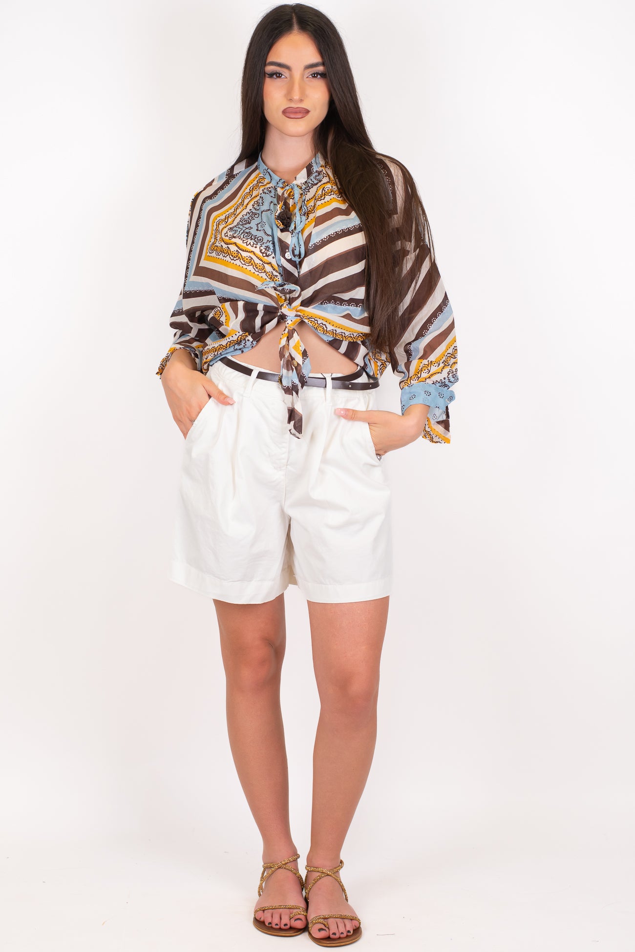 Dixie - Bermuda in cotone con pinces ed elastico sul retro