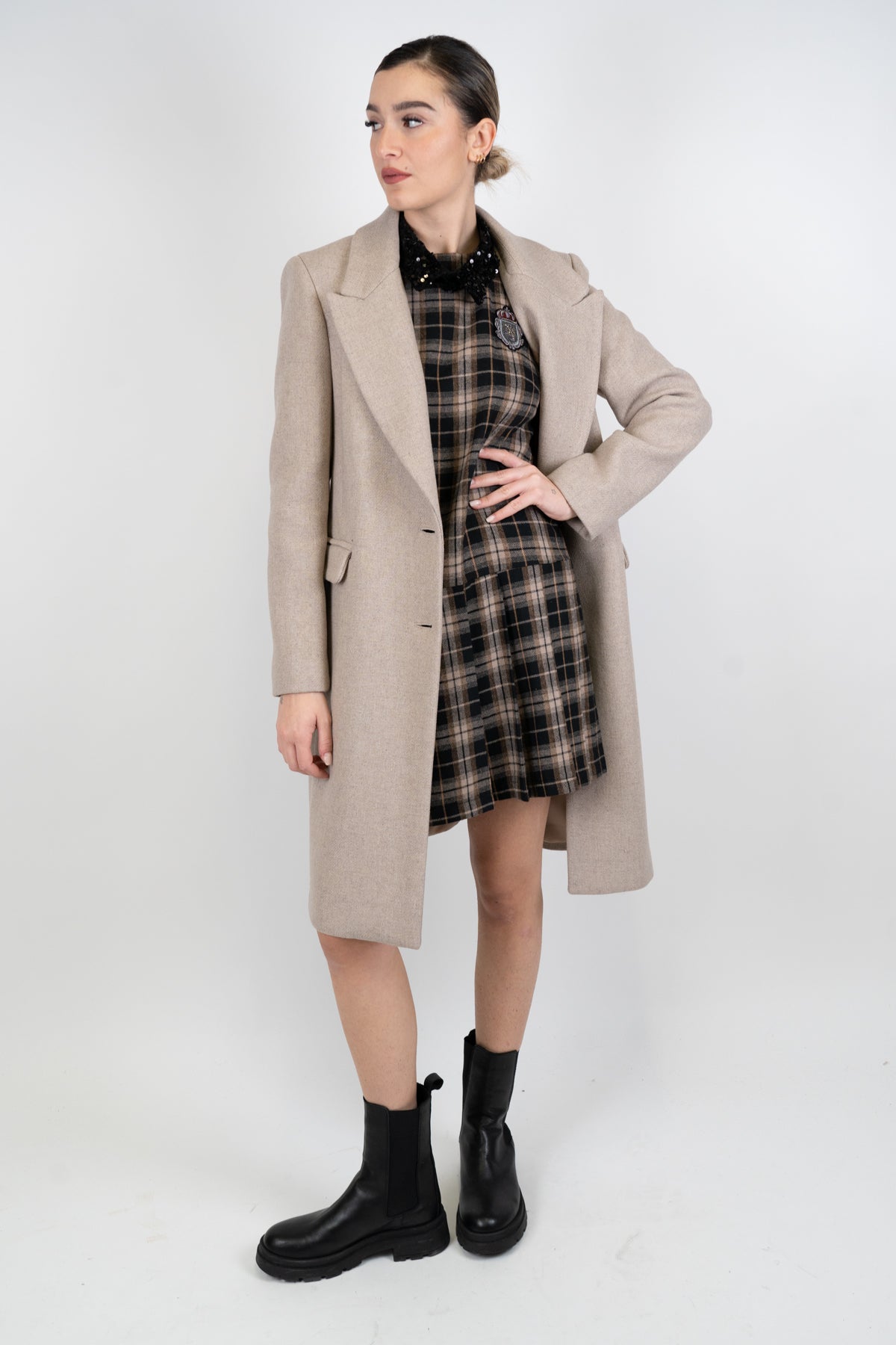 Haveone - Cappotto fantasia diagonale in misto lana