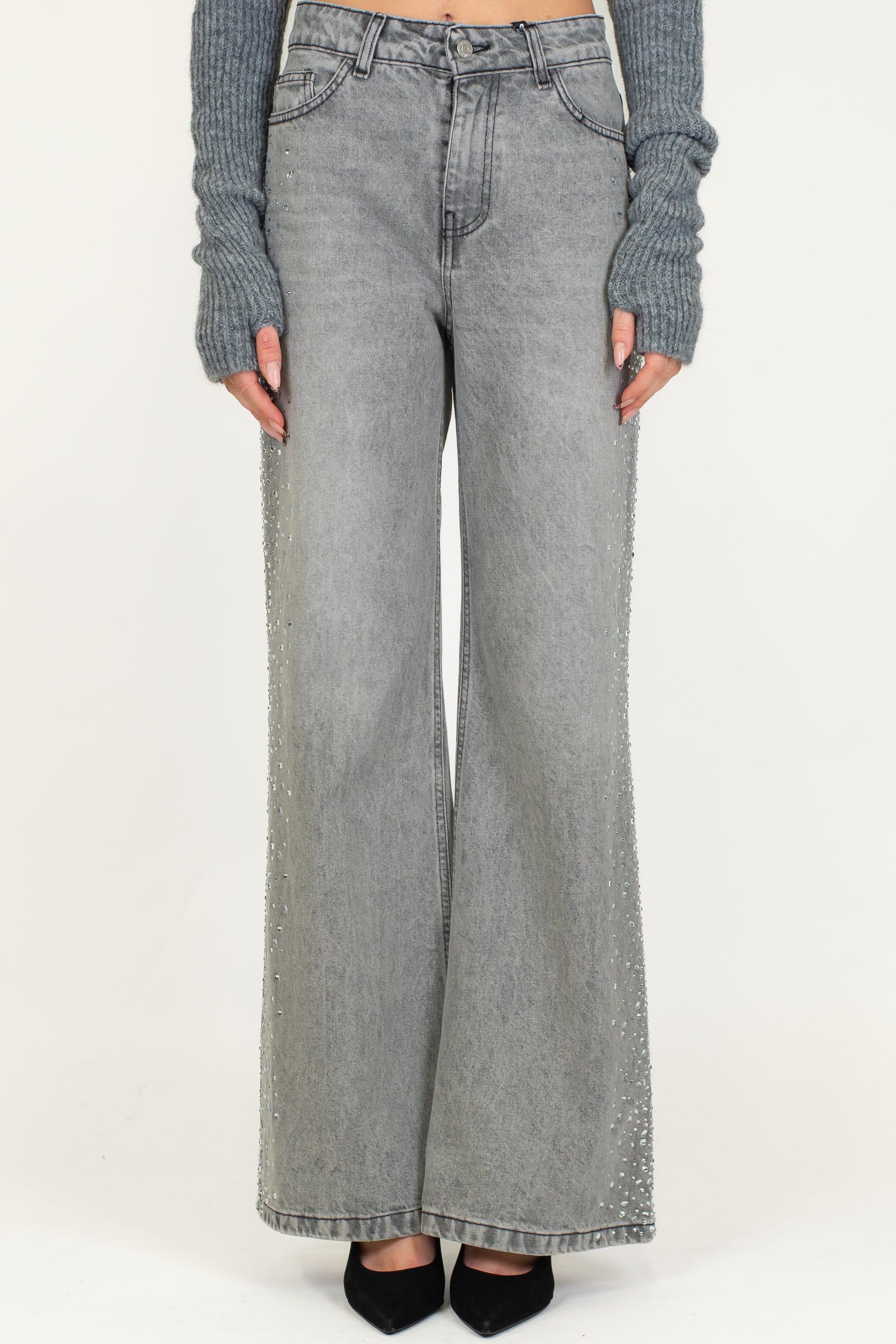 Haveone - Jeans a zampa lavaggio scuro modello Tokyo con applicazione strass sul lato