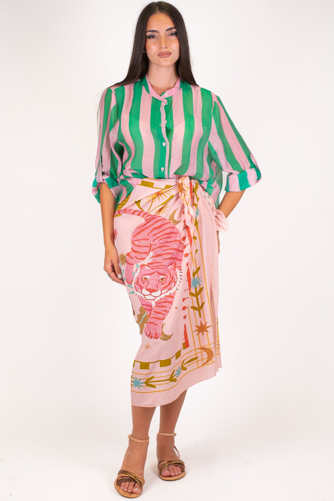Haveone - Camicia fantasia a righe a contrasto in lyocell con manica tre quarti