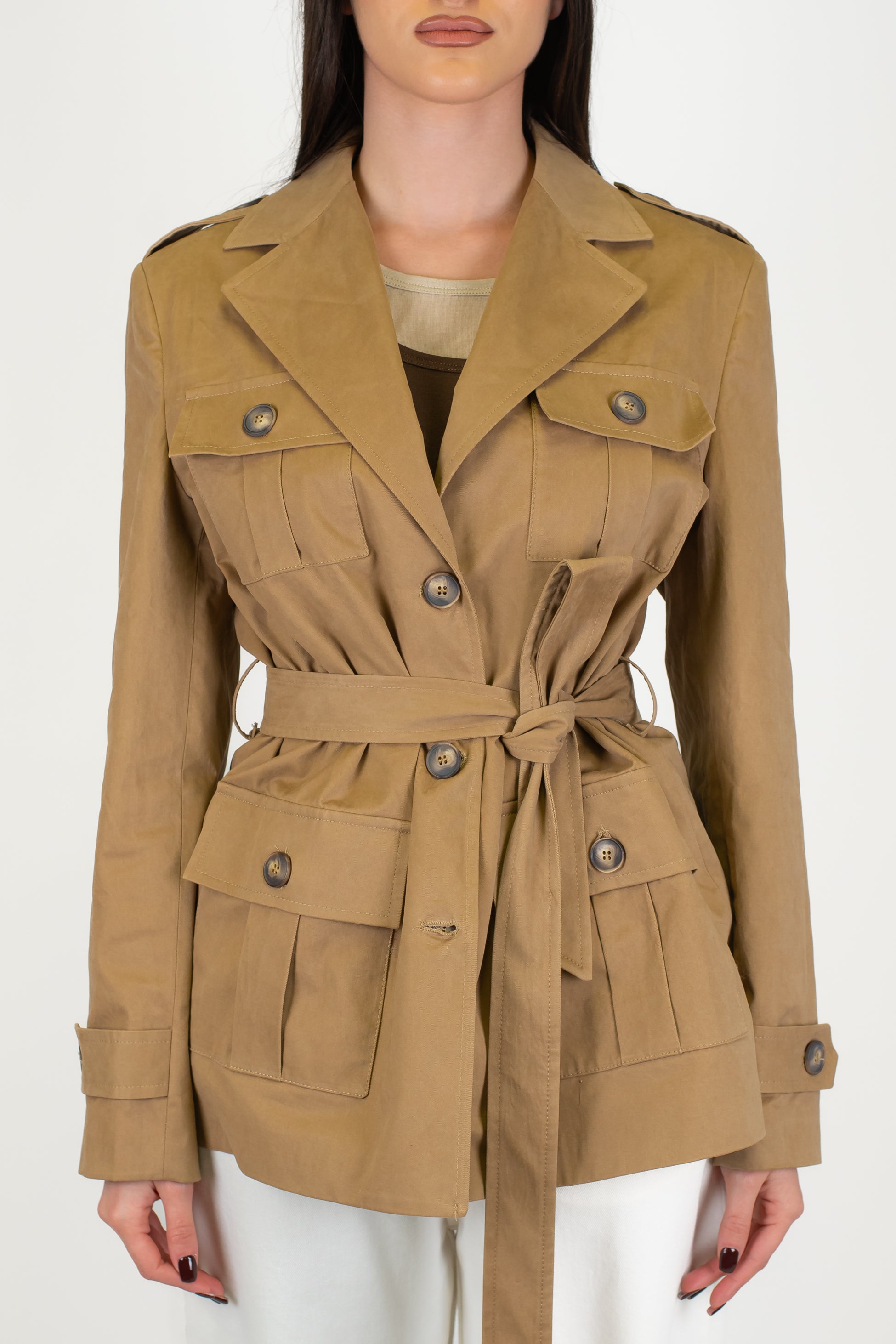 Motel - Giacca trench sahariana con tasconi e cintura in tessuto