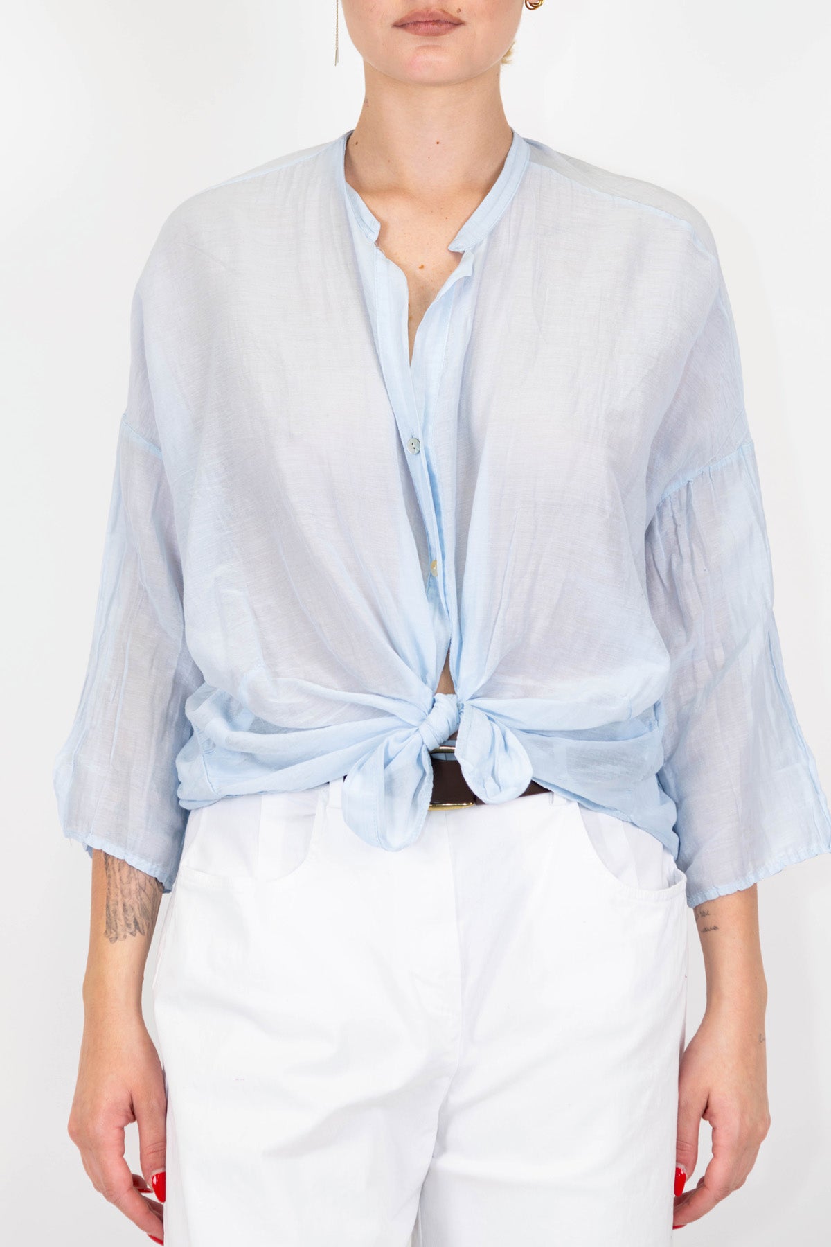 Tensione in - Camicia tinta unita in misto seta con collo coreano