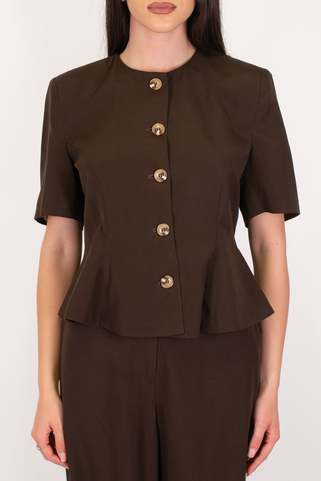 Motel - Coordinato in tencel con giacca girocollo mezzamanica e pantalone palazzo con elastico sul retro