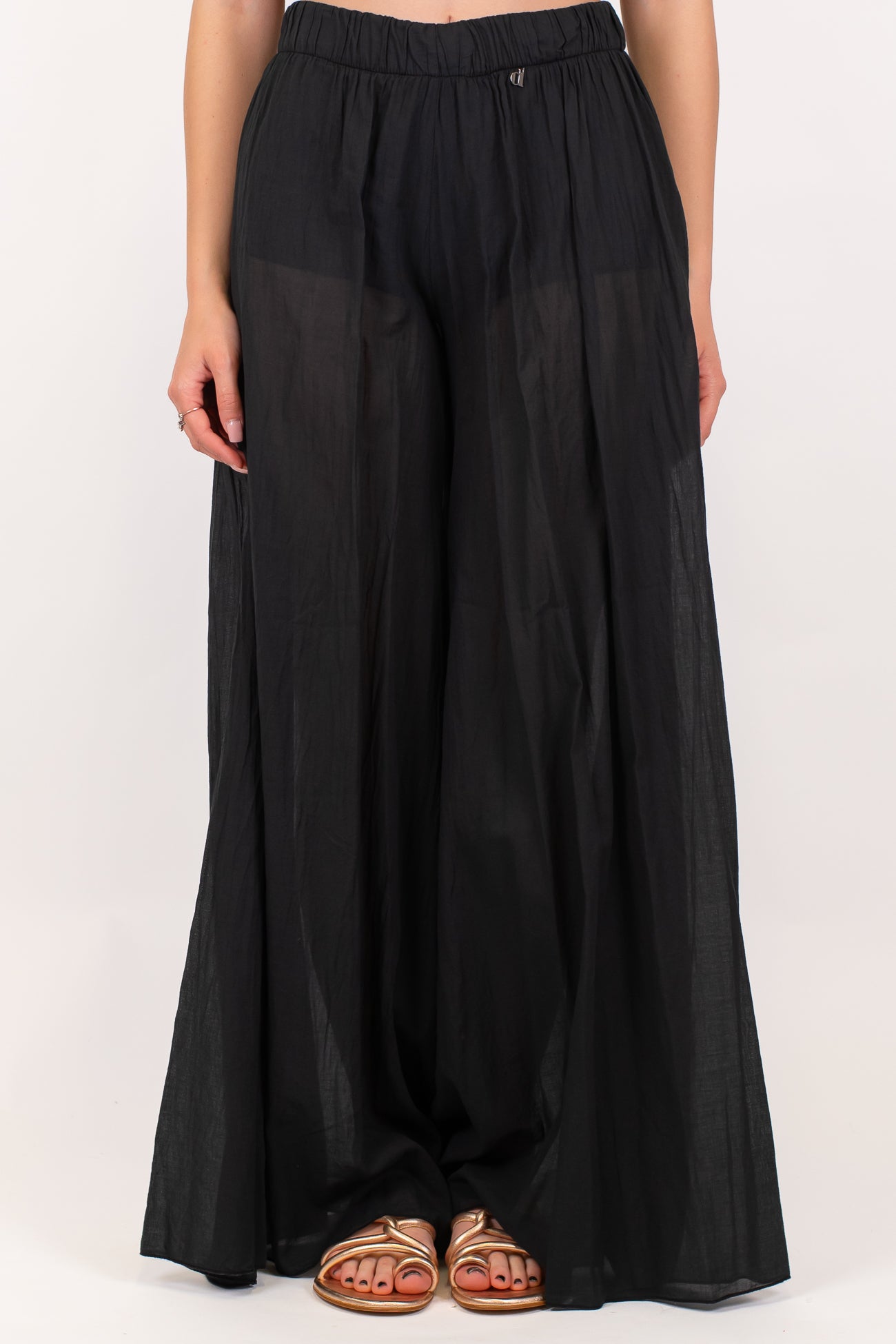 Dixie - Pantalone palazzo in mussola di cotone con coulotte ed elastico in vita