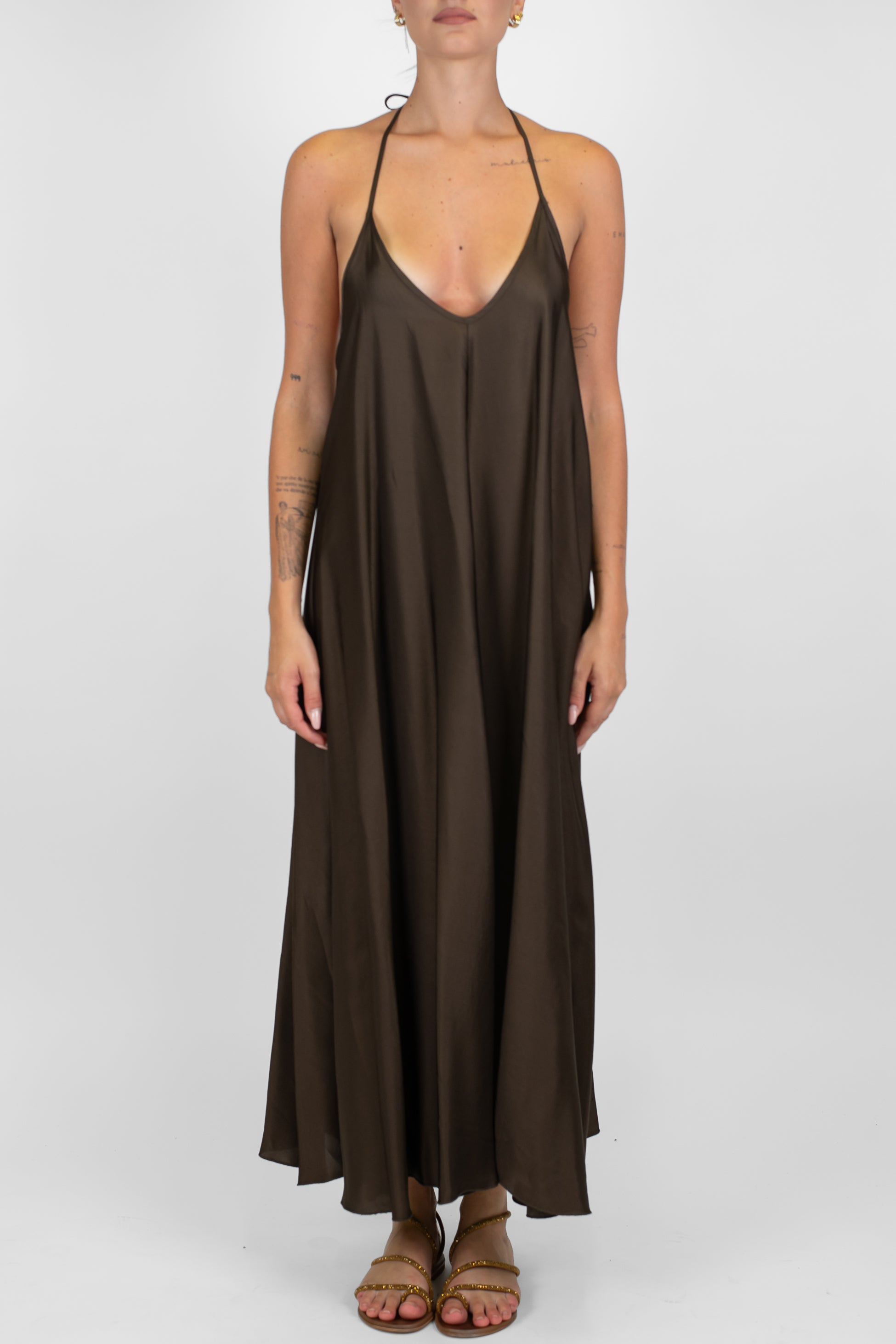 Motel - Abito lungo scollo v con bretelle sottili in satin