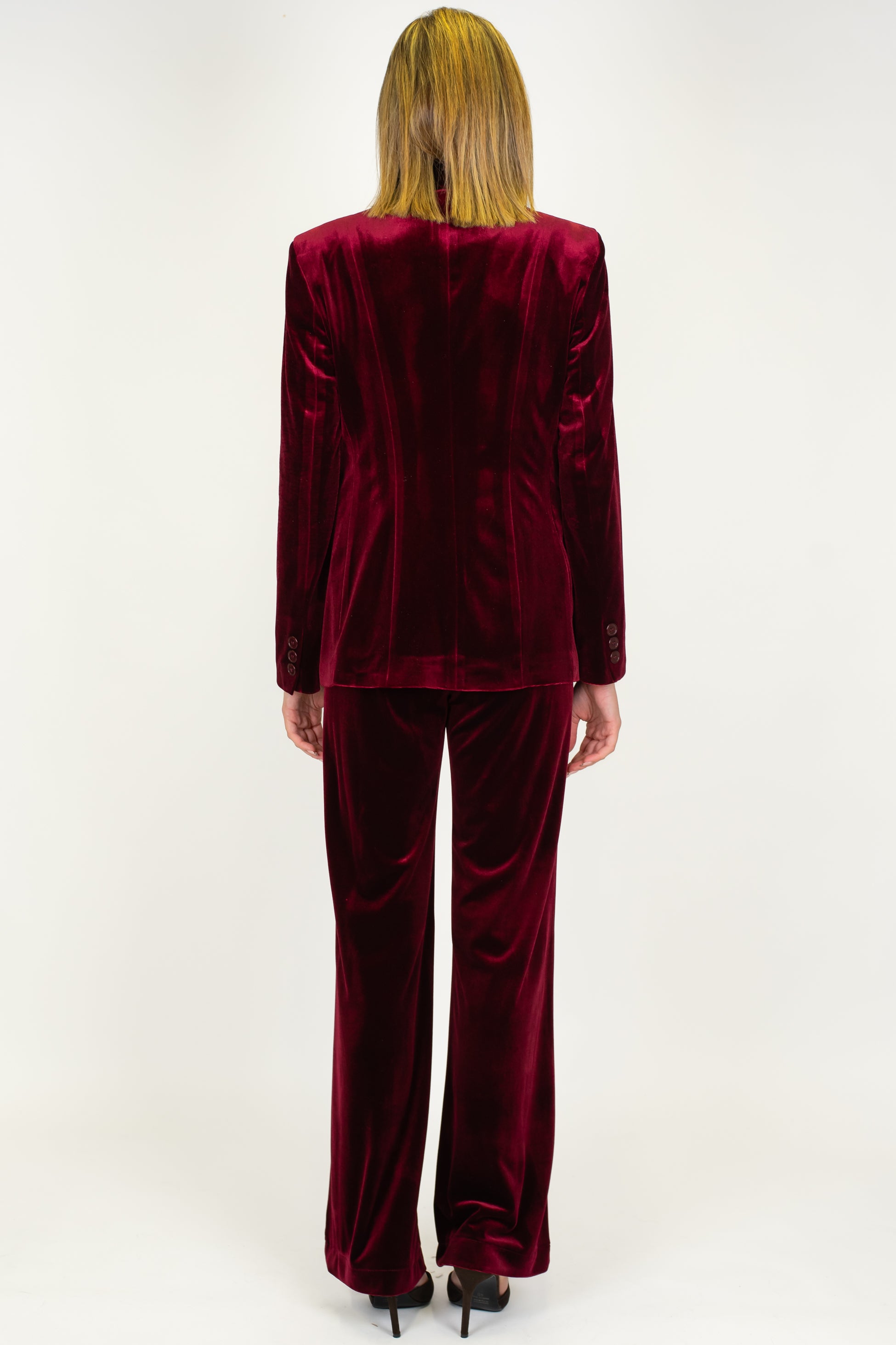 Maryley - Tailleur giacca con collo sciallato e pantalone palazzo in velluto con elastico in vita