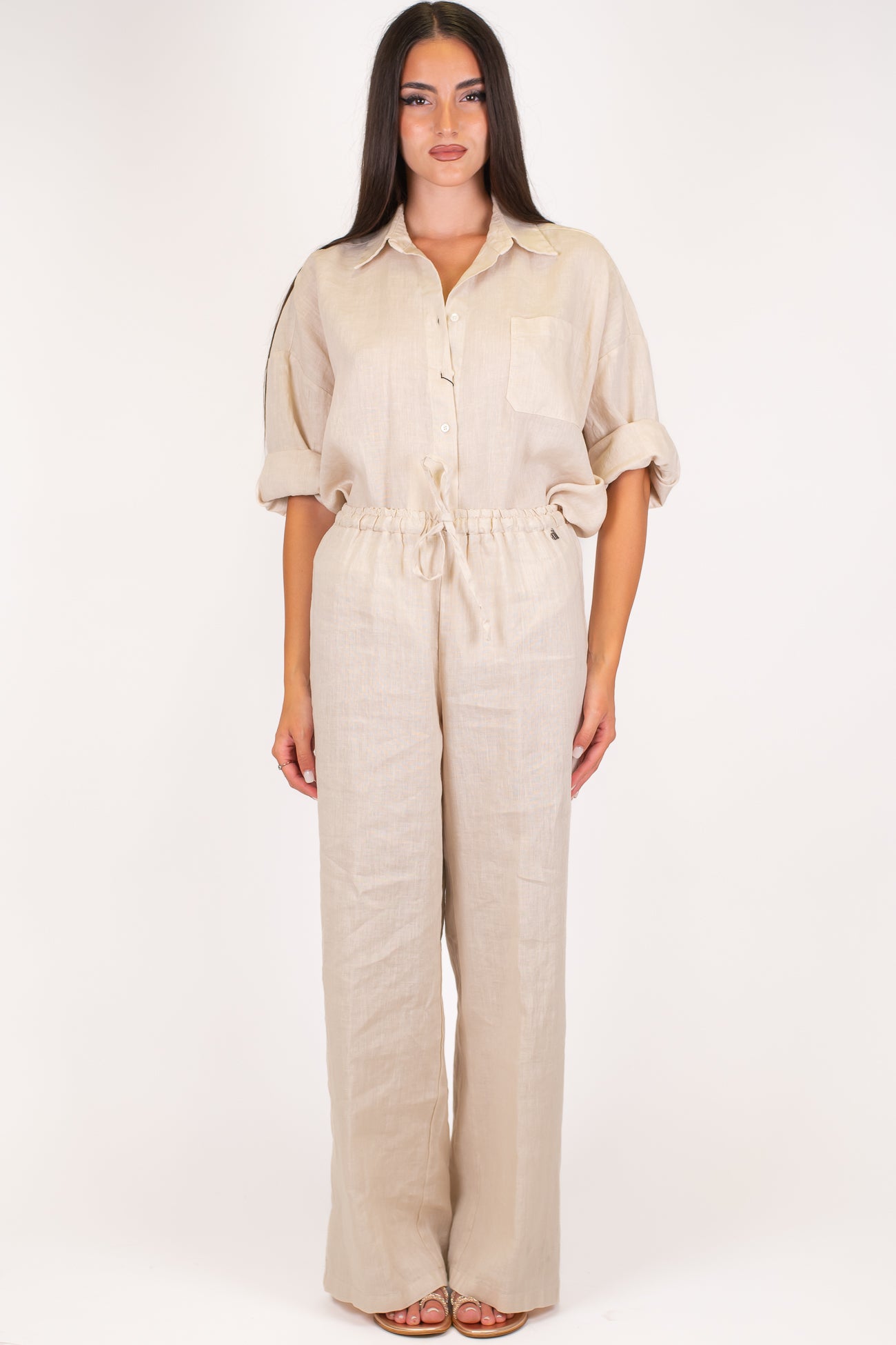 Dixie - Coordinato in puro lino camicia con taschino e pantalone palazzo con coulisse