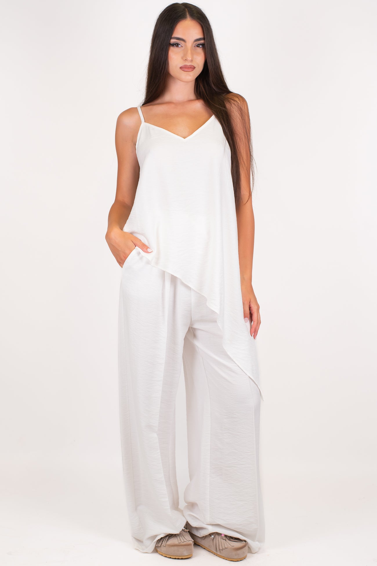 Dixie - Coordinato in viscosa leggera con top assimmetrico e pantalone palazzo con coulisse