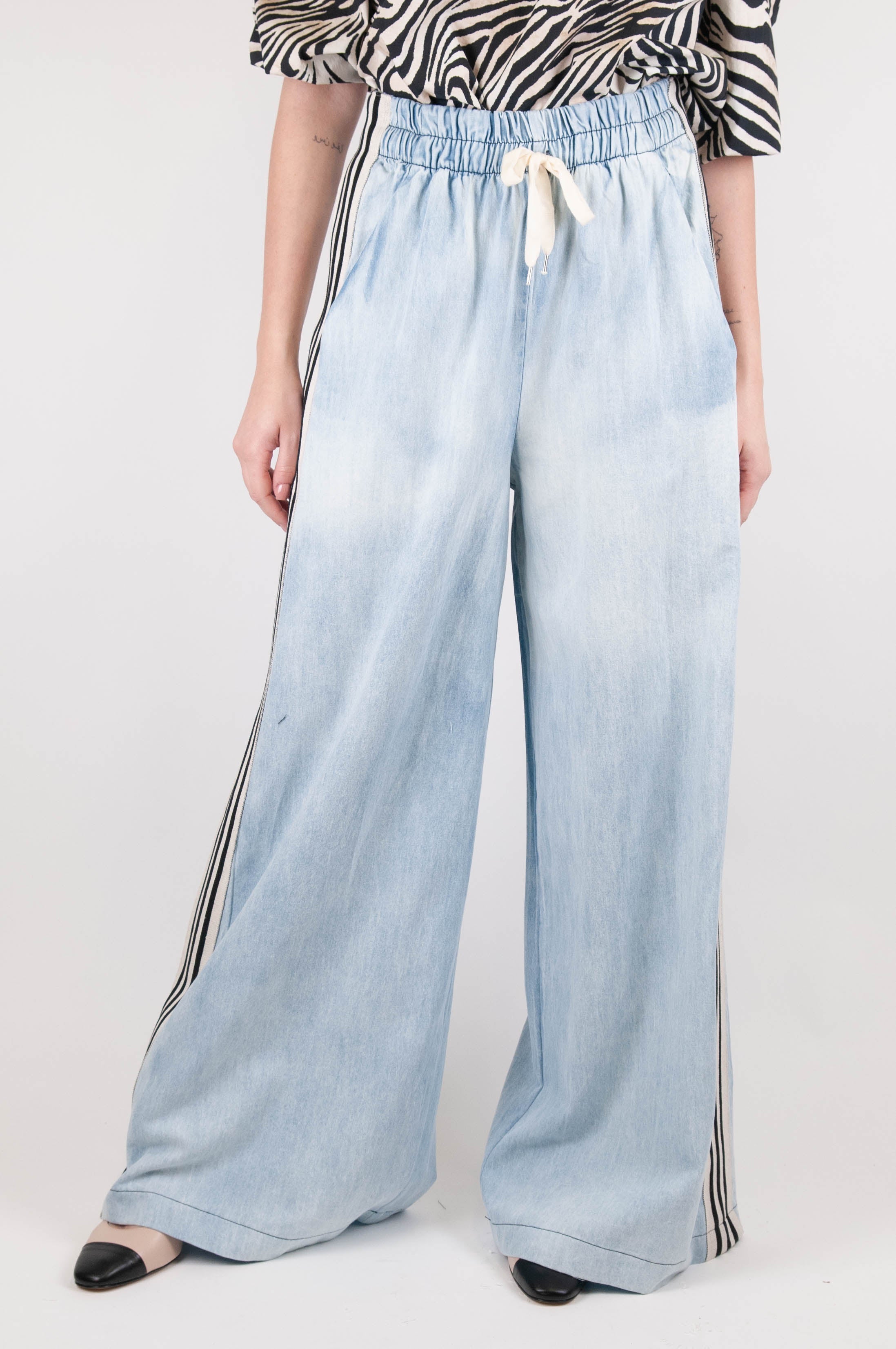 Tension in - Chambray palazzo trousers with drawstring and side band