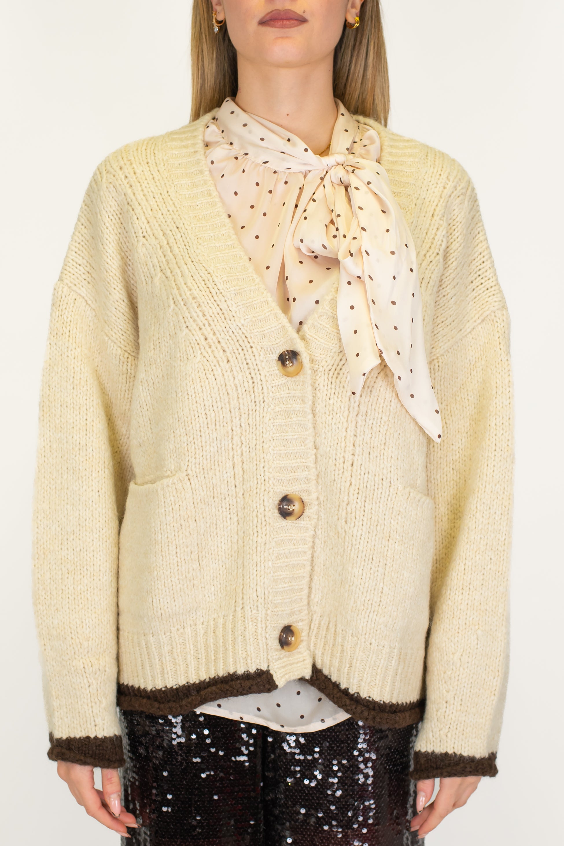 Motel - Cardigan tre bottoni in misto lana con fondo a contrasto