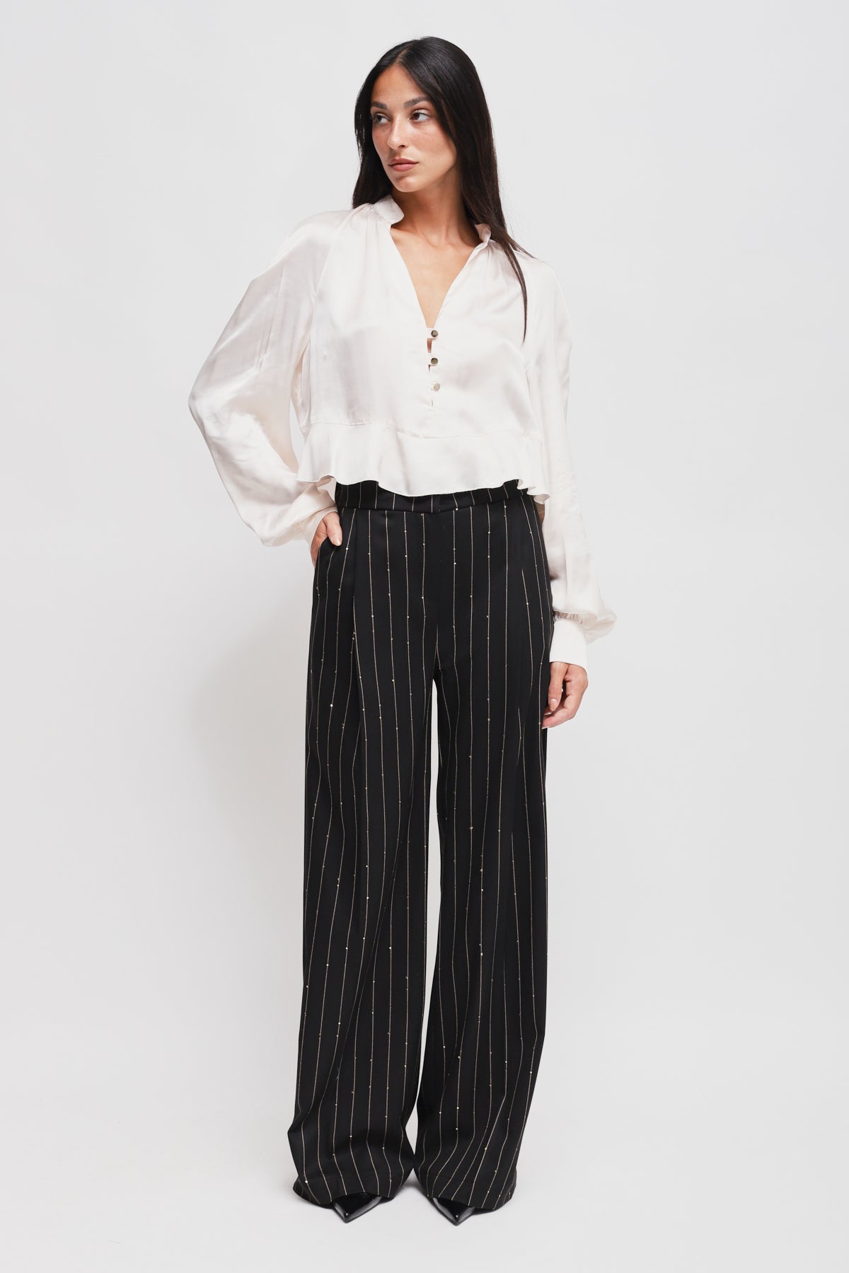 Maryley - Pantalone palazzo gessato con paillettes