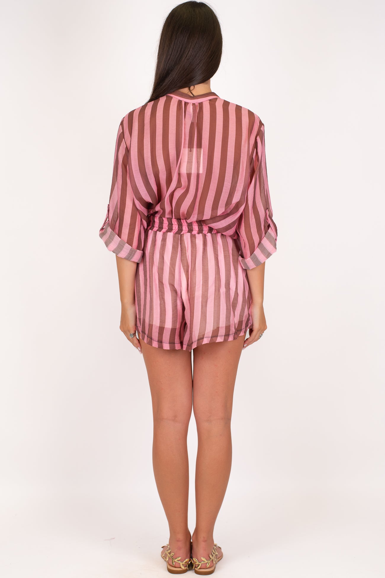 Tensione in - Coordinato camicia e shorts fantasia a righe in lyocell con profilo a contrasto floreale
