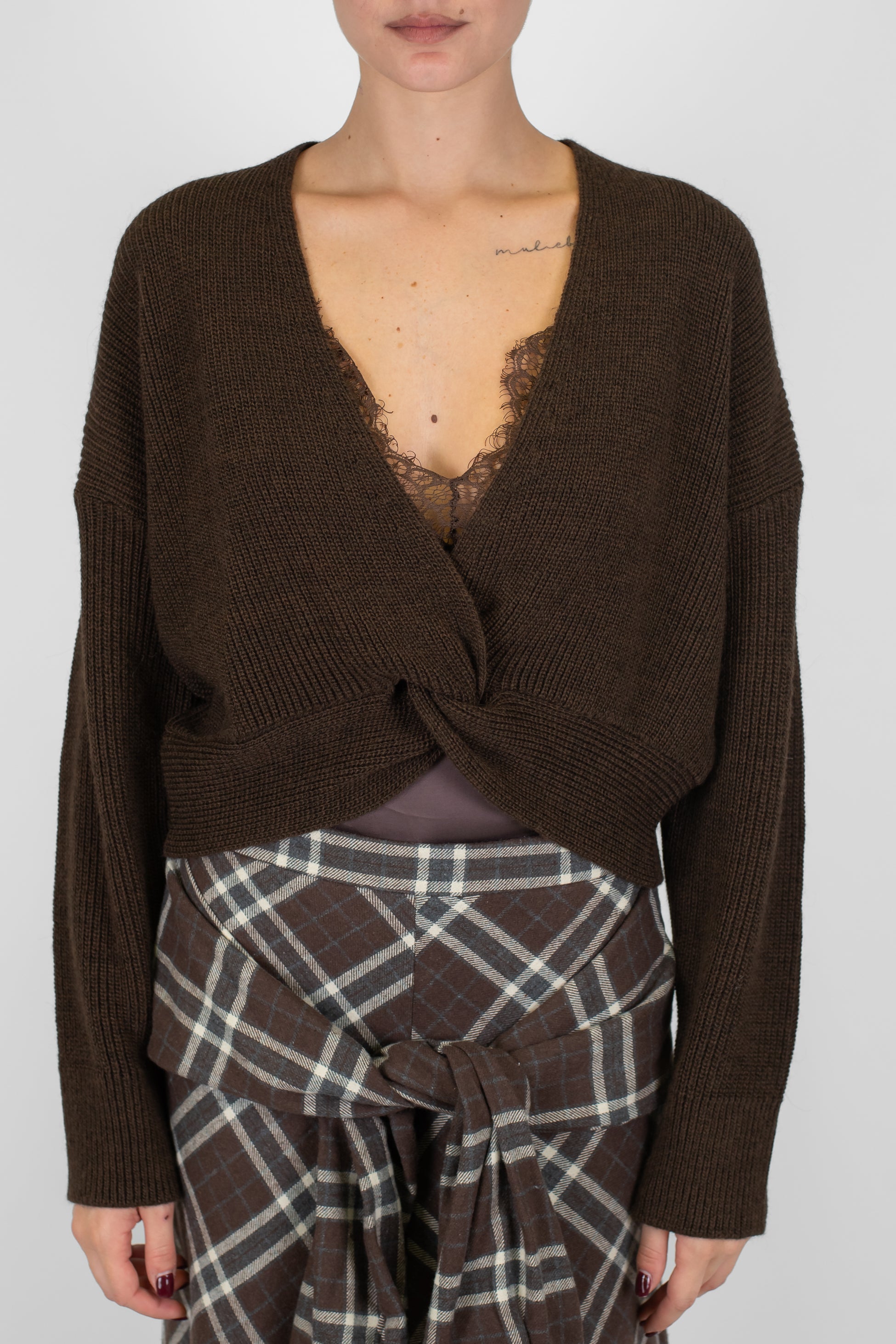 Haveone - Cardigan crop in misto lana scollo a V con chiusura ad incrocio