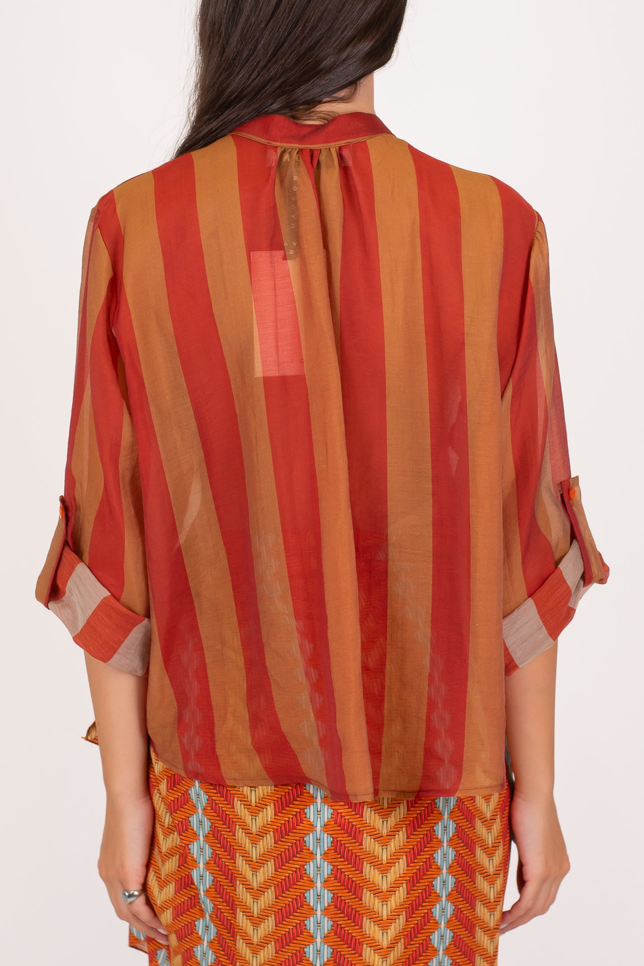 Haveone - Camicia fantasia a righe a contrasto in lyocell con manica tre quarti