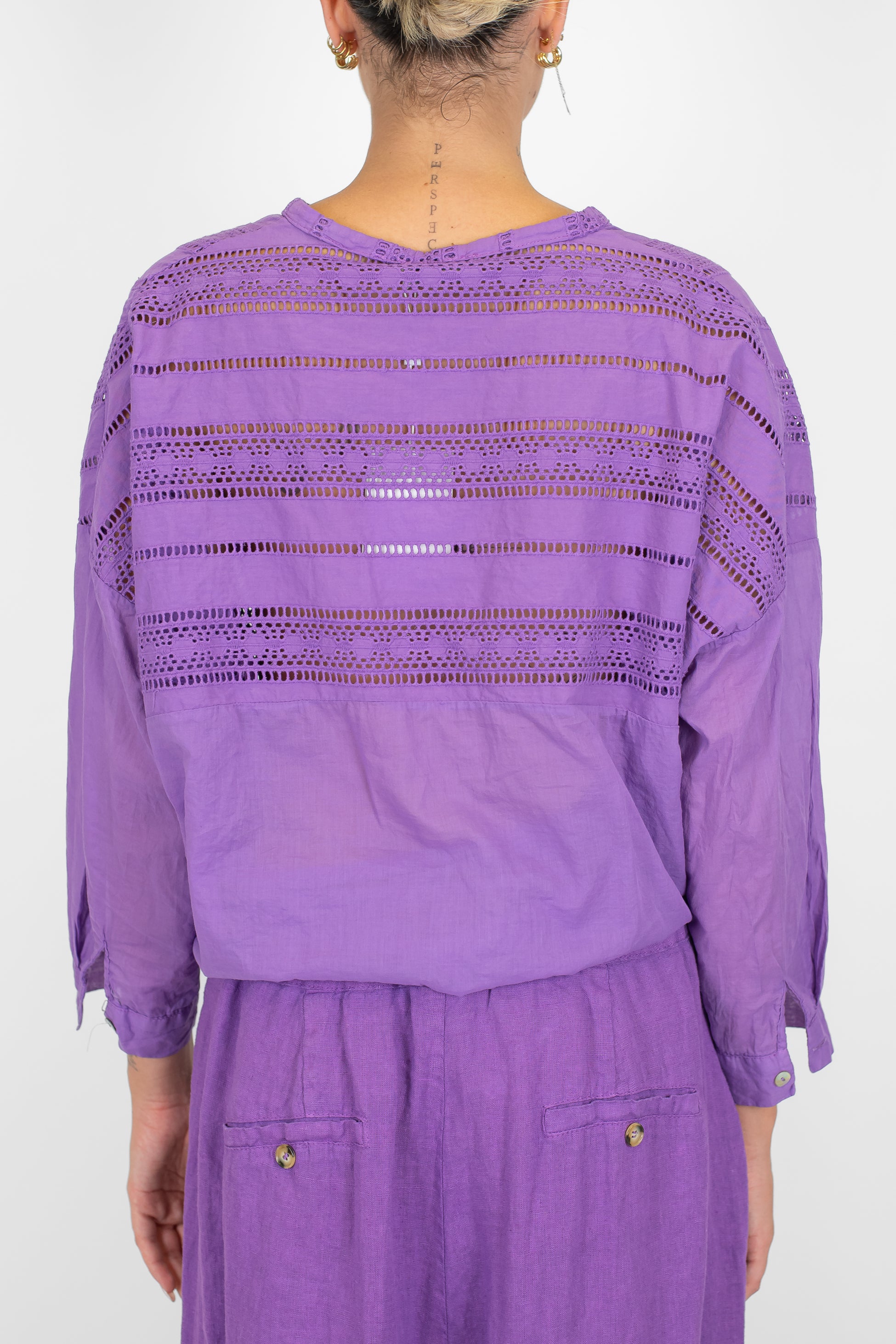 Motel - Camicia in cotone traforato con collo coreano