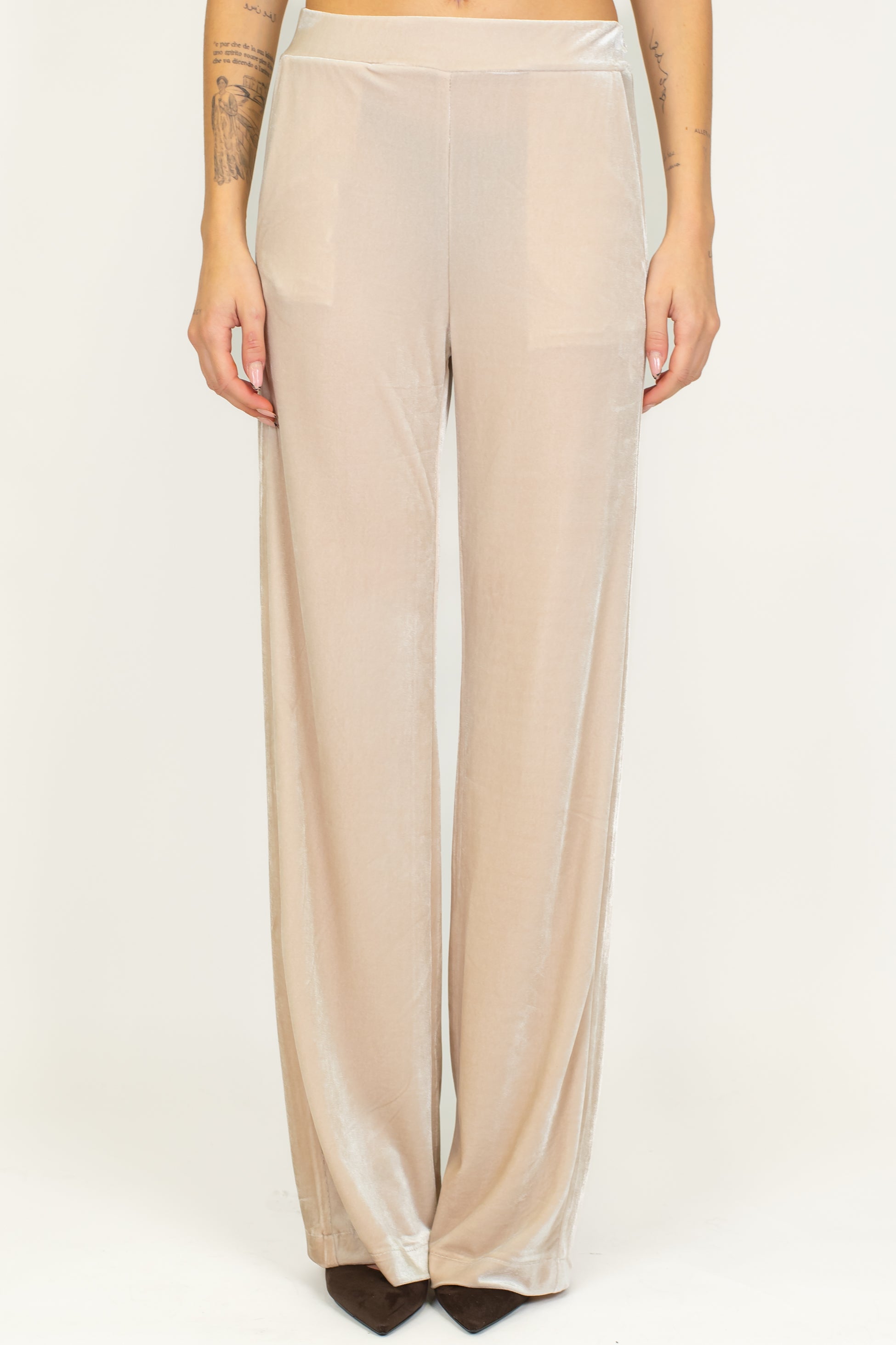 Maryley - Tailleur giacca con collo sciallato e pantalone palazzo in velluto con elastico in vita