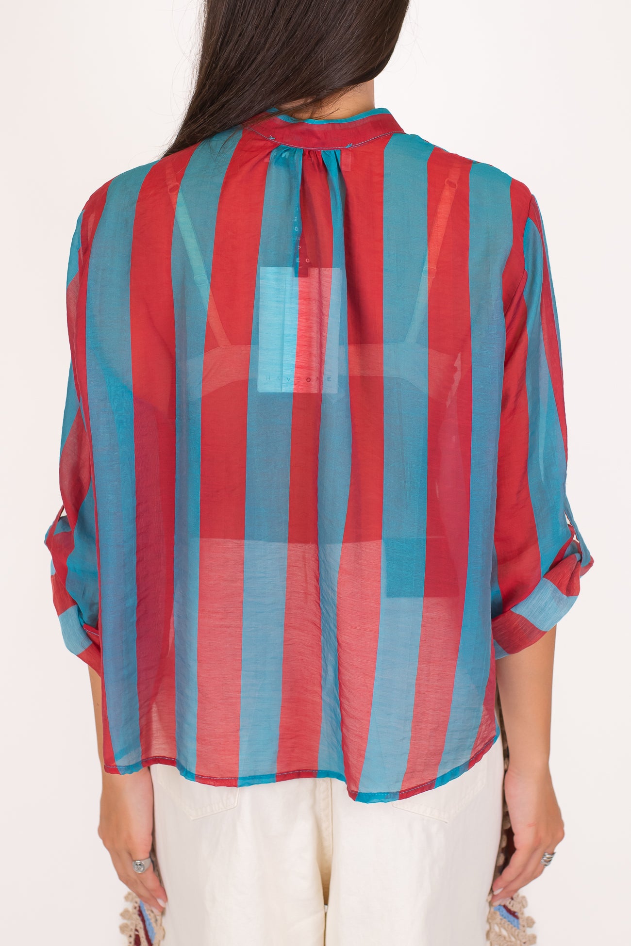 Haveone - Camicia fantasia a righe a contrasto in lyocell con manica tre quarti