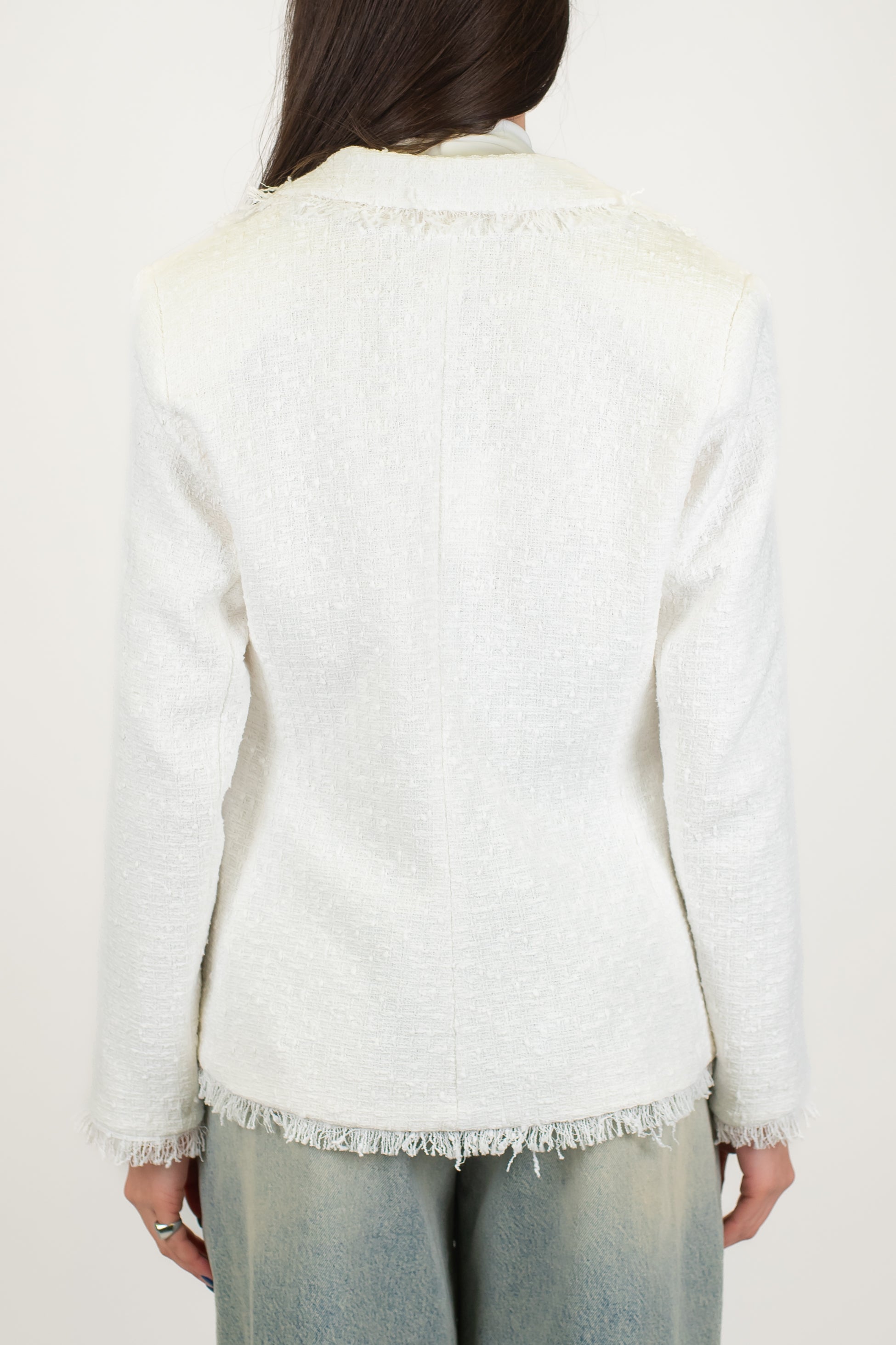 Tensione in - Giacca monopetto in tweed con profilo frange